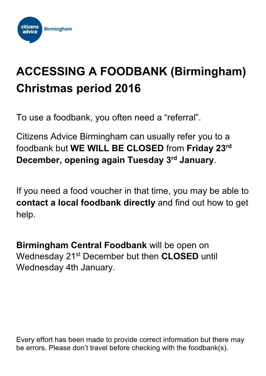 ACCESSING a FOODBANK (Birmingham) Christmas Period 2016