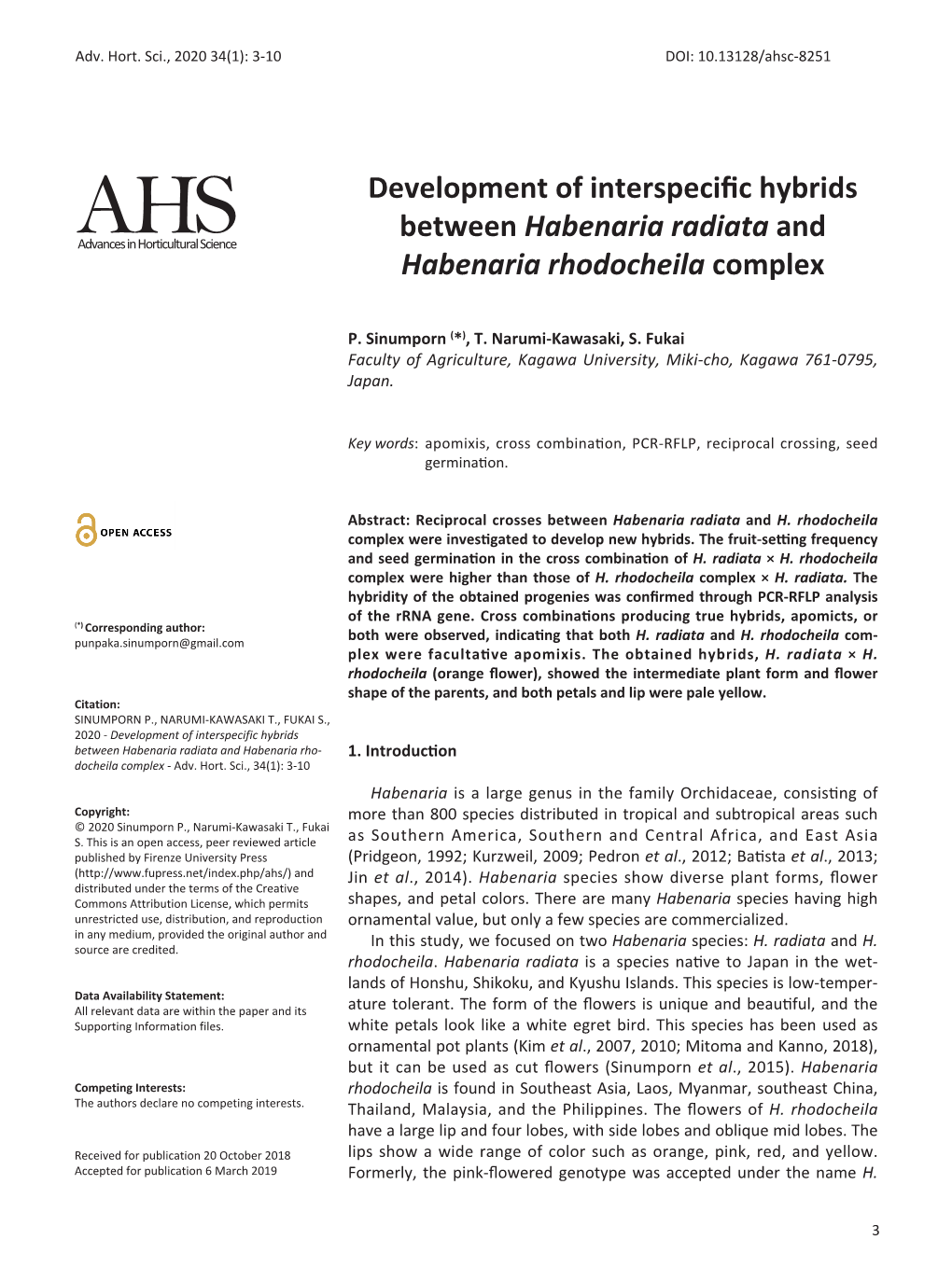 Development of Interspecific Hybrids Between Habenaria Radiata and Habenaria Rho‐ 1