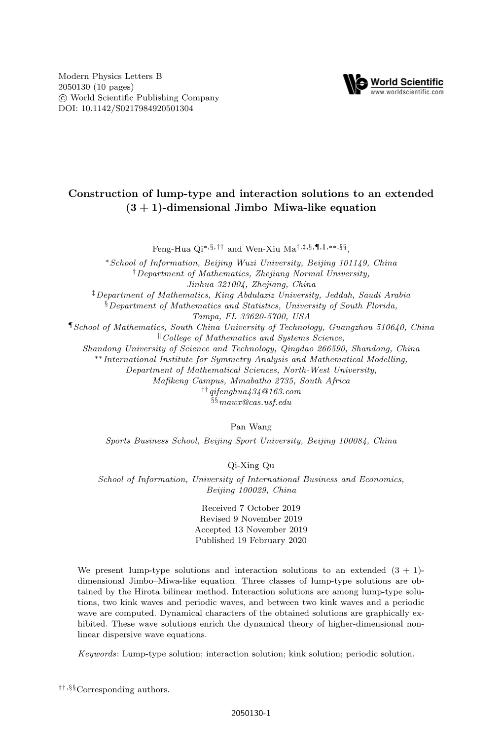 Construction of Lump-Type and Interaction Solutions to an Extended (3+1)-Dimensional Jimbo–Miwa-Like Equation