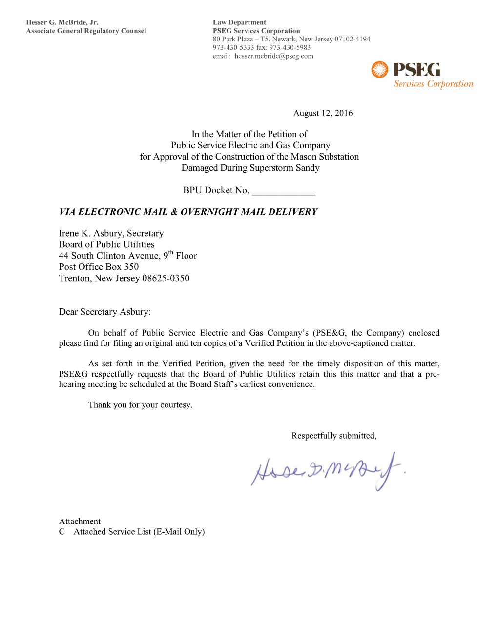 In the Matter of the Petition of Public Service Electric and Gas Company for Approval of the Construction of the Mason Substation Damaged During Superstorm Sandy