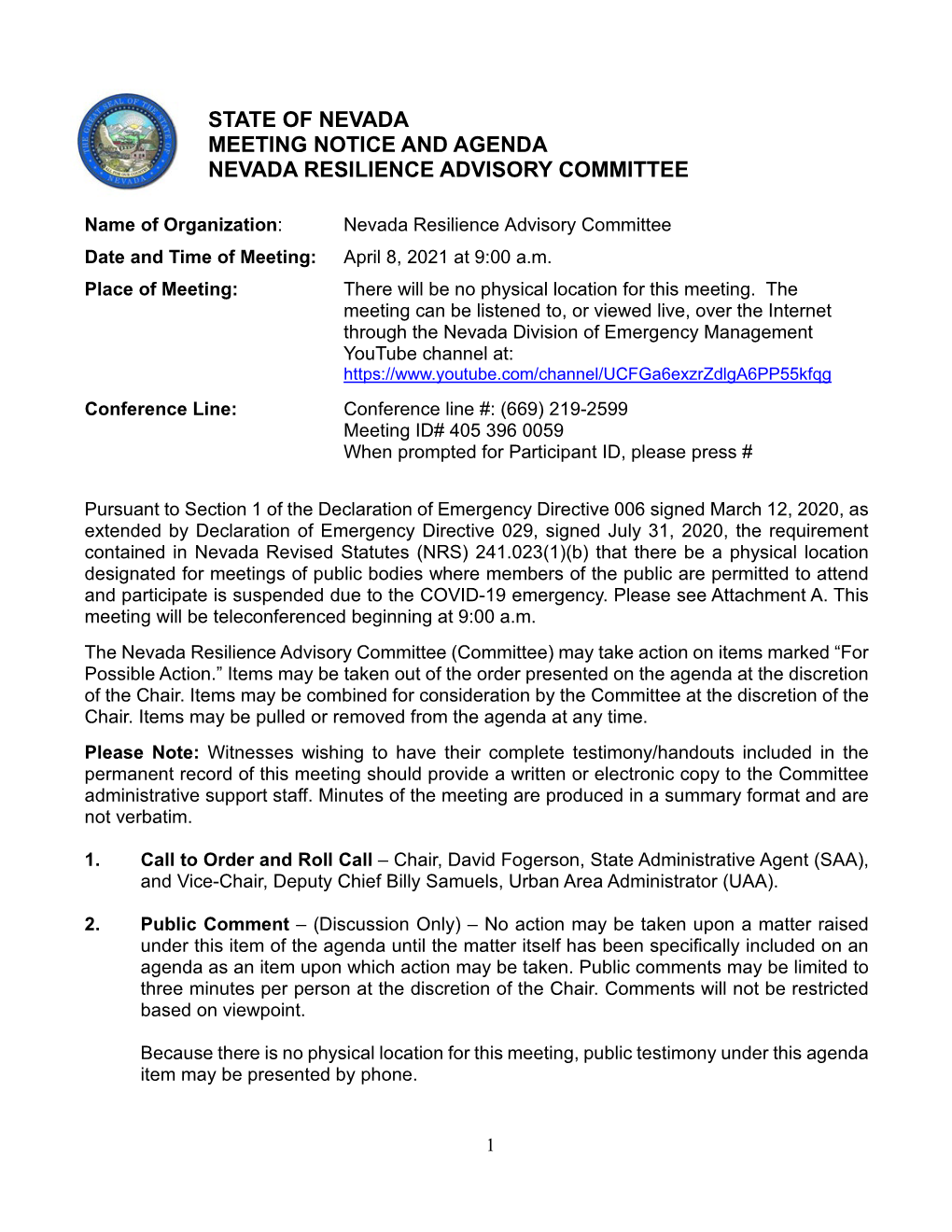 State of Nevada Meeting Notice and Agenda Nevada Resilience Advisory Committee