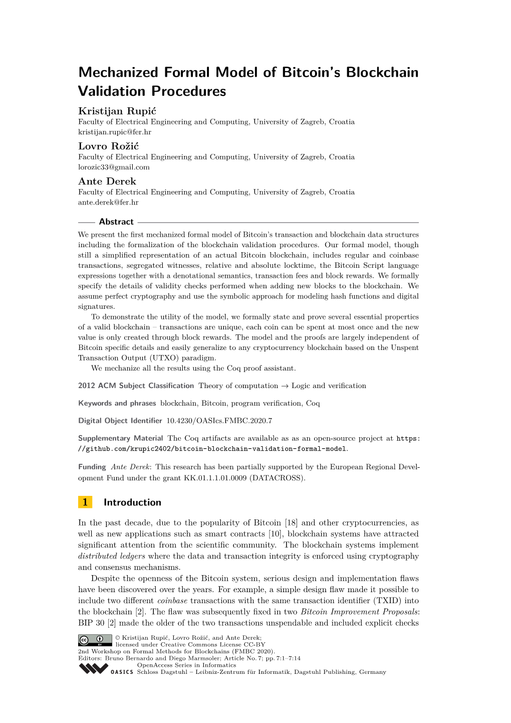 Mechanized Formal Model of Bitcoin's Blockchain Validation Procedures