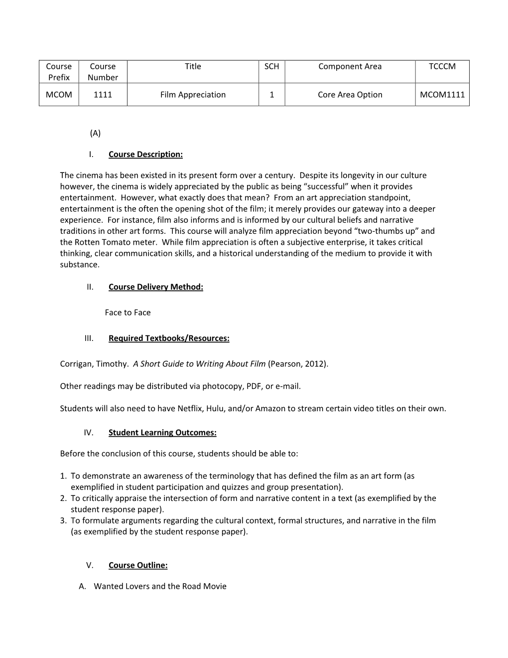 Course Prefix Course Number Title SCH Component Area TCCCM