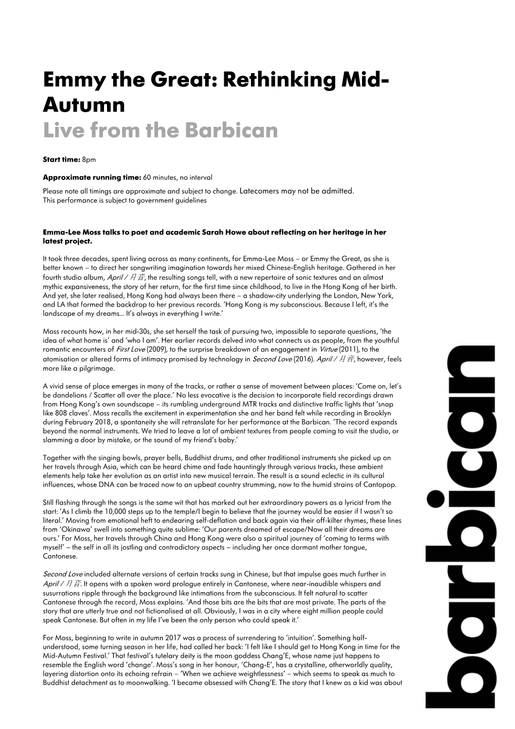 Emmy the Great: Rethinking Mid- Autumn Live from the Barbican