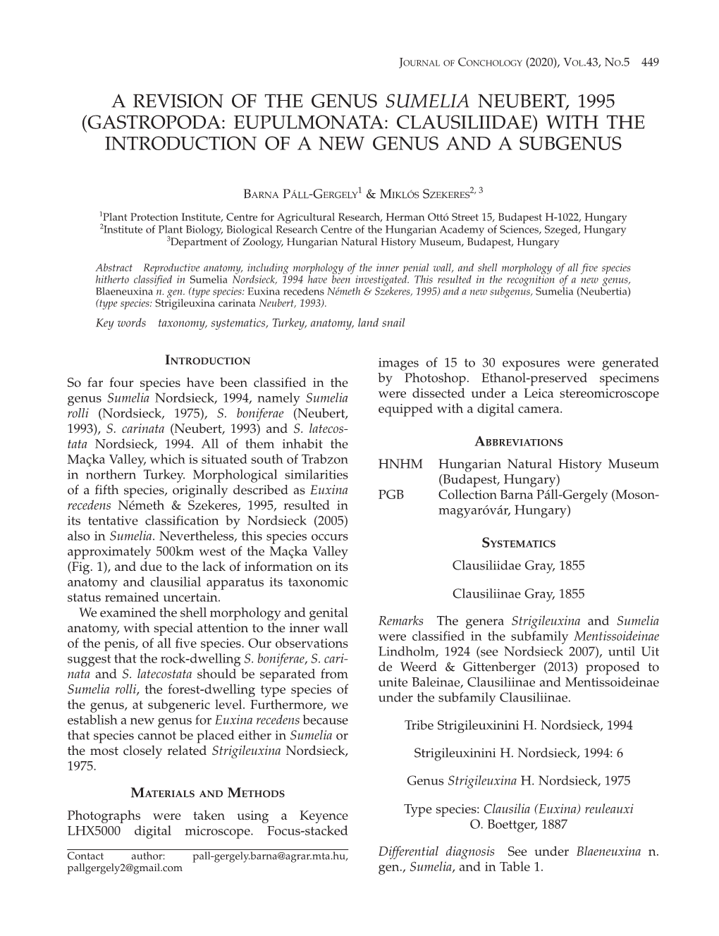 A Revision of the Genus Sumelia Neubert, 1995 (Gastropoda: Eupulmonata: Clausiliidae) with the Introduction of a New Genus and a Subgenus