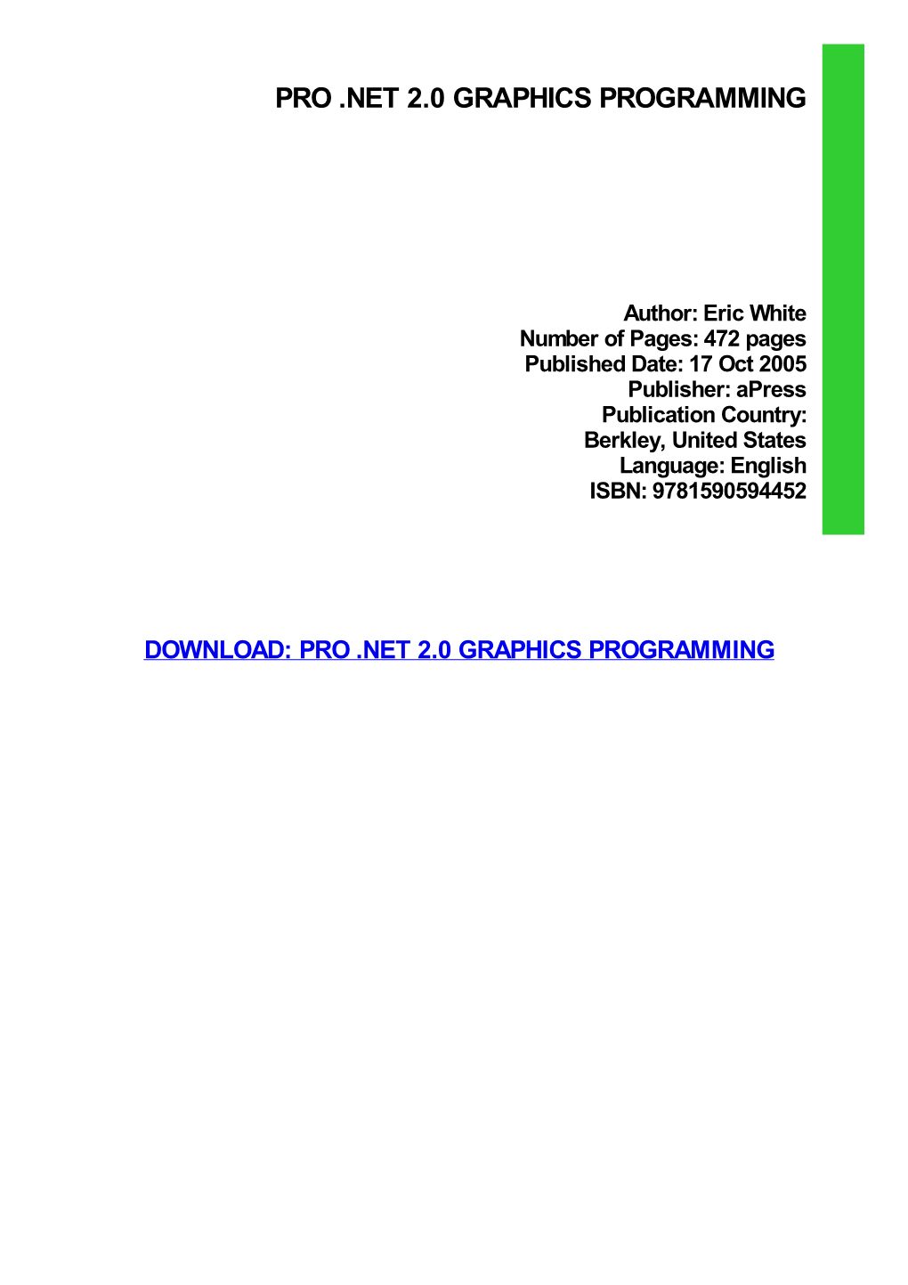 Pro .NET 2.0 Graphics Programming Pdf Free Download