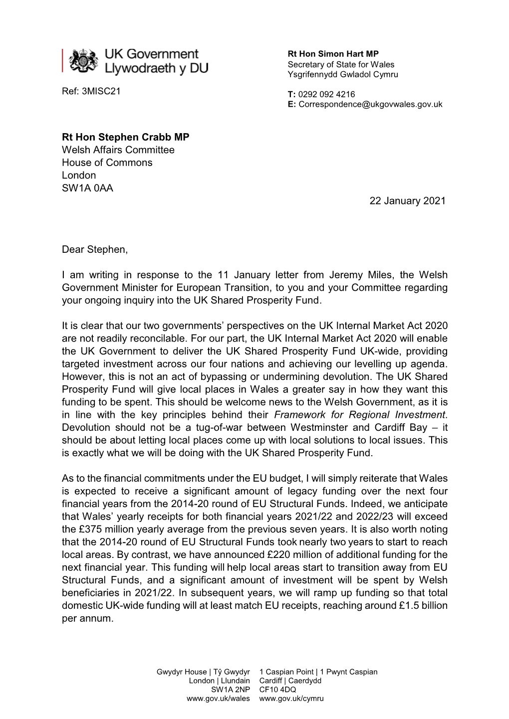 Letter from Rt Hon Simon Hart MP, Secretary of State for Wales Re