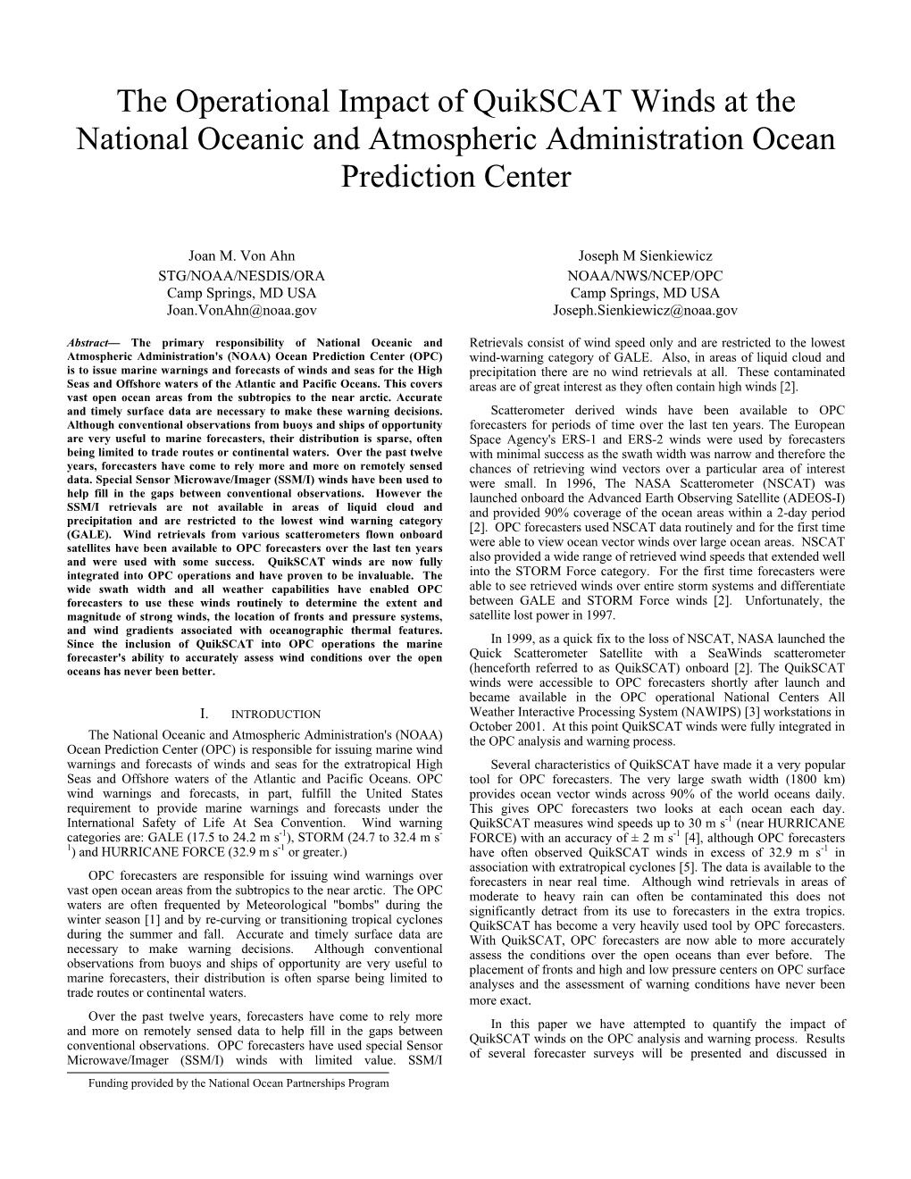 The Operational Impact of Quikscat Winds at the National Oceanic and Atmospheric Administration Ocean Prediction Center