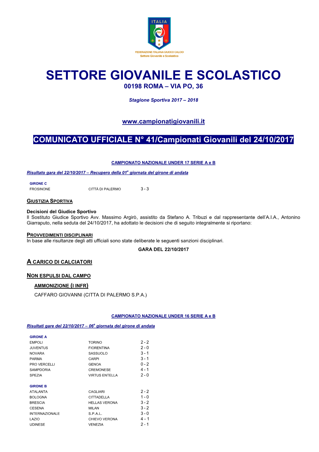 Settore Giovanile E Scolastico 00198 Roma – Via Po, 36