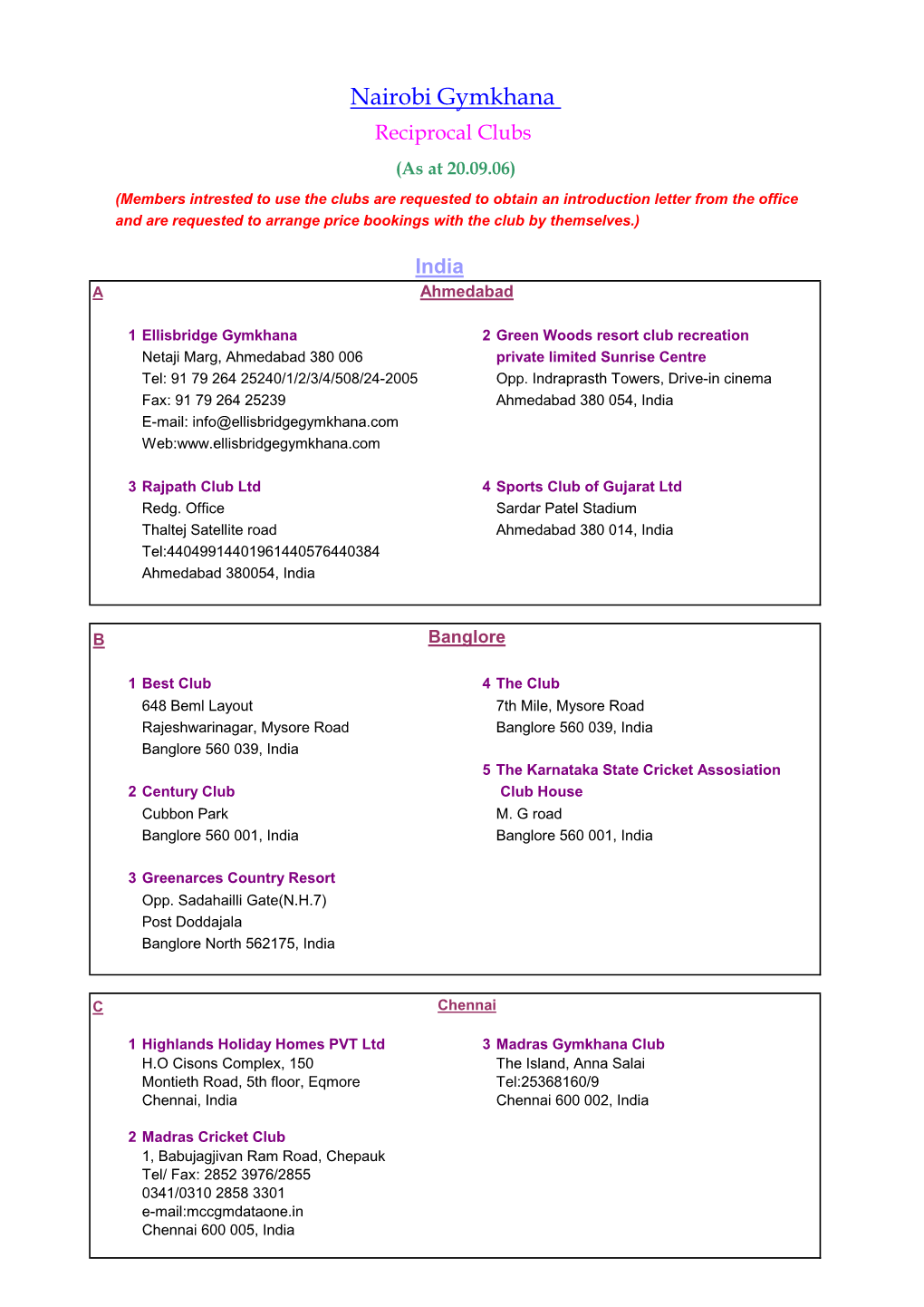 Reciprocal Clubs List