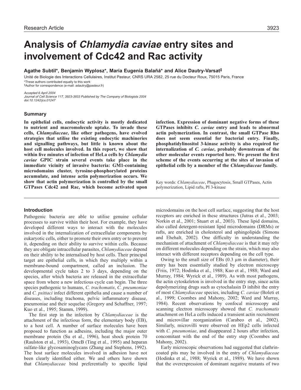 Analysis of Chlamydia Caviae Entry Sites and Involvement of Cdc42 and Rac Activity