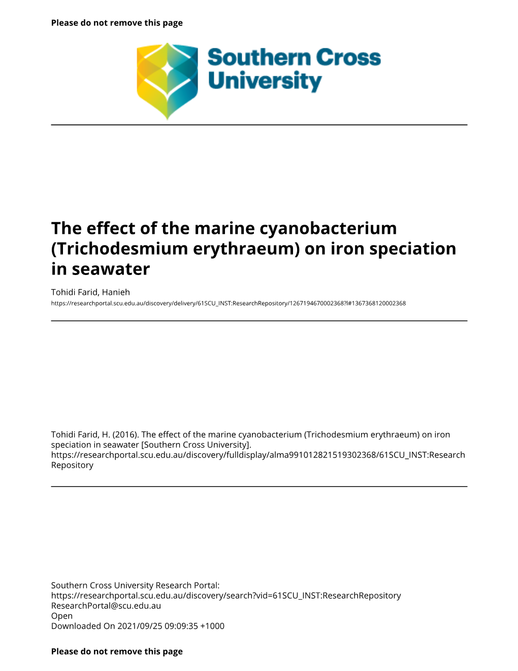 Trichodesmium Erythraeum) on Iron Speciation in Seawater