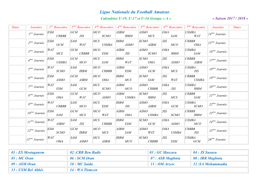 Ligue Nationale Du Football Amateur Calendrier U-19, U-17 Et U-16 Groupe « a » « Saison 2017 / 2018 »