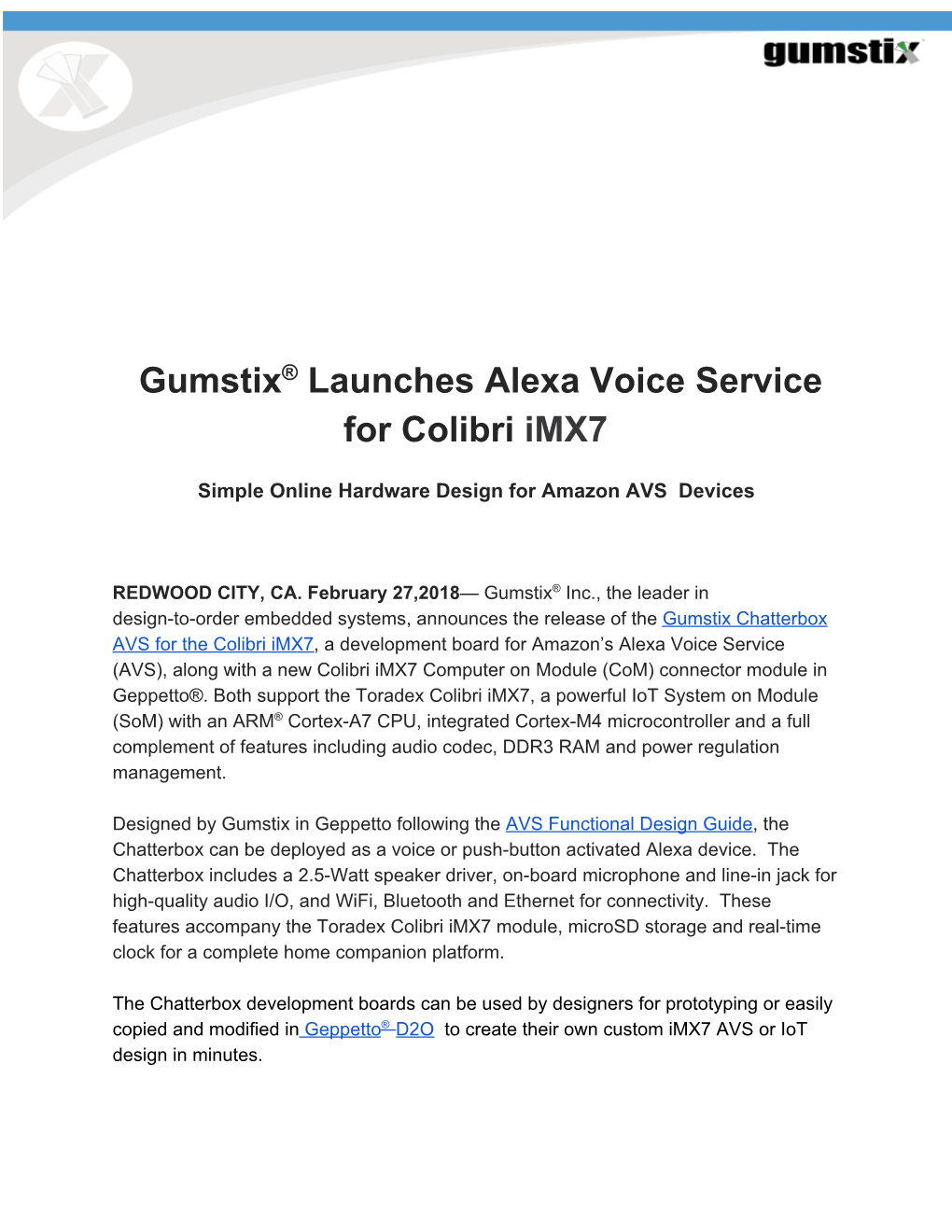 Gumstix​®​ Launches Alexa Voice Service for Colibri ​Imx7
