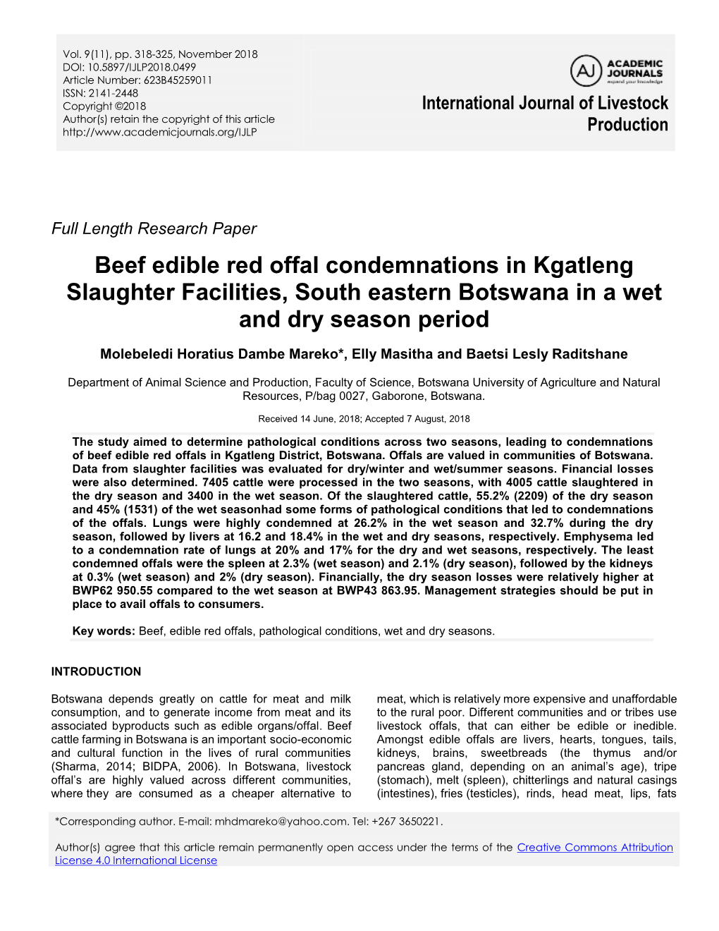 Beef Edible Red Offal Condemnations in Kgatleng Slaughter Facilities, South Eastern Botswana in a Wet and Dry Season Period