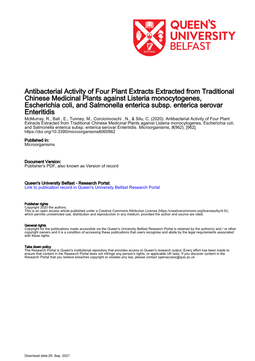 Antibacterial Activity of Four Plant Extracts Extracted from Traditional Chinese Medicinal Plants Against Listeria Monocytogenes