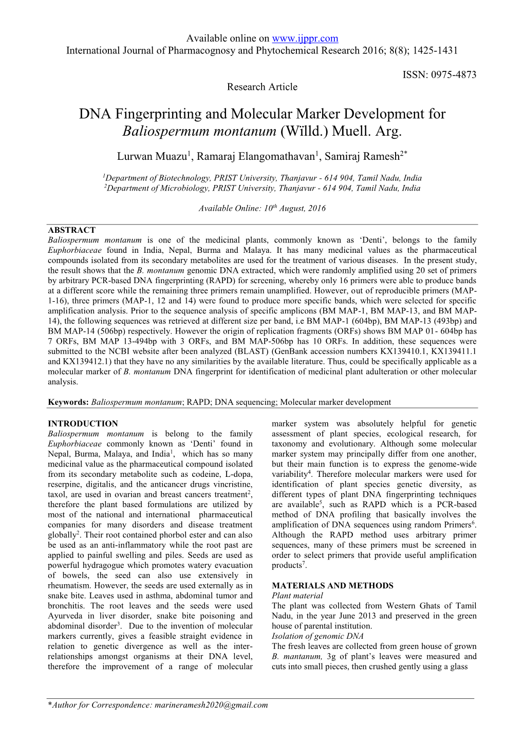 DNA Fingerprinting and Molecular Marker Development for Baliospermum Montanum (Wïlld.) Muell
