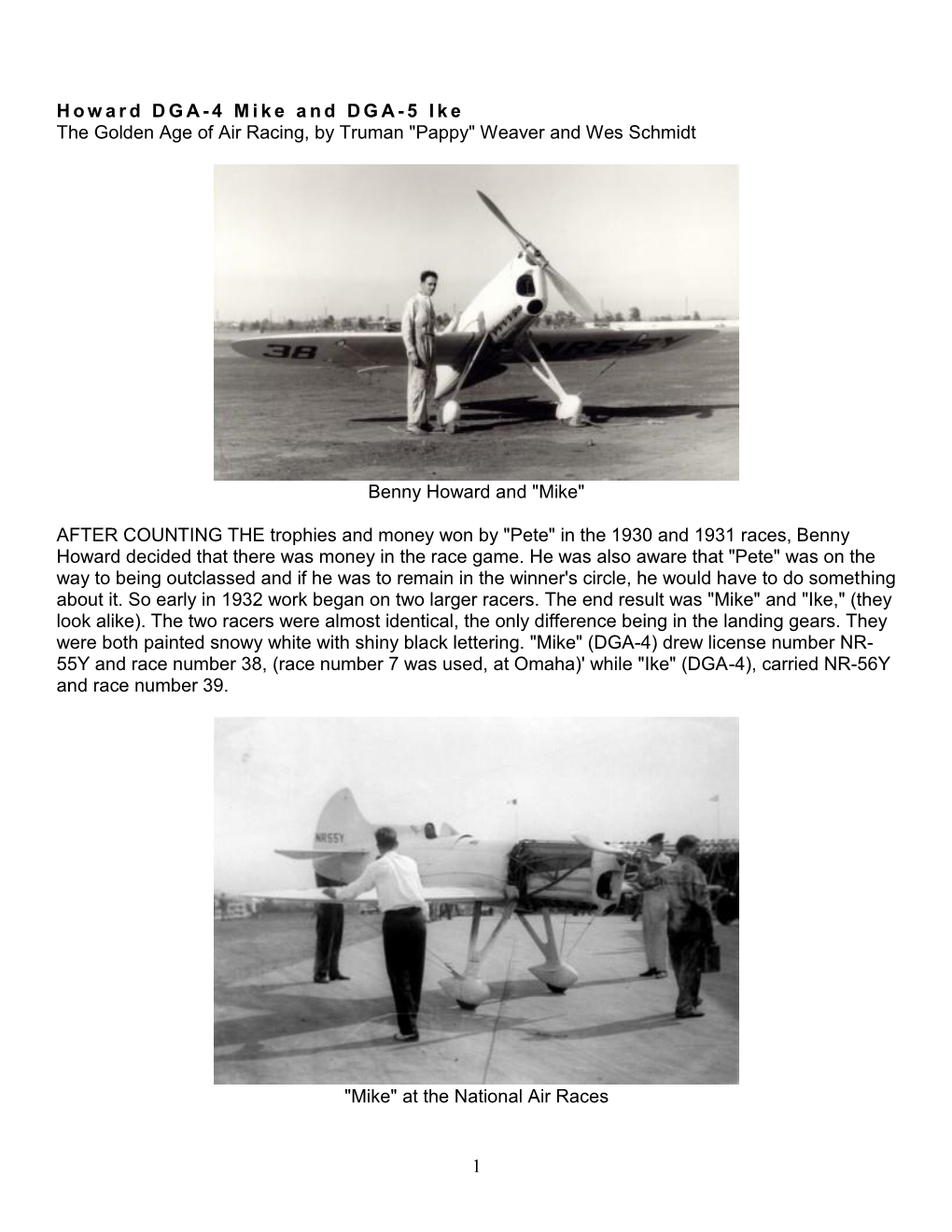 Mike and DGA - 5 I K E the Golden Age of Air Racing, by Truman "Pappy" Weaver and Wes Schmidt