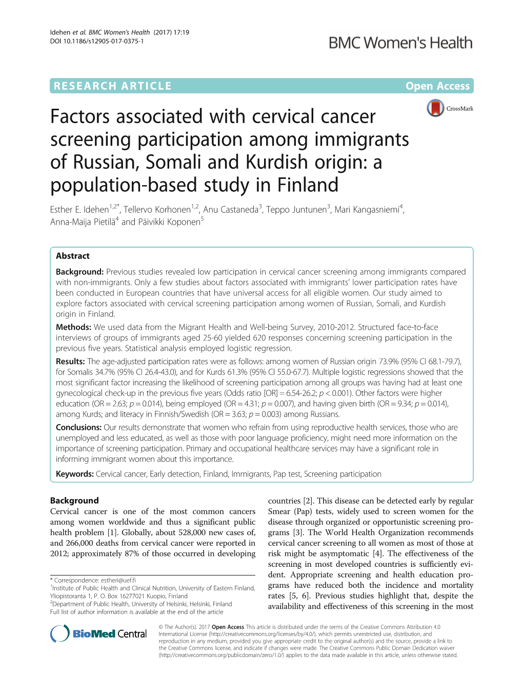 Factors Associated with Cervical Cancer Screening Participation Among Immigrants of Russian, Somali and Kurdish Origin: a Population-Based Study in Finland Esther E