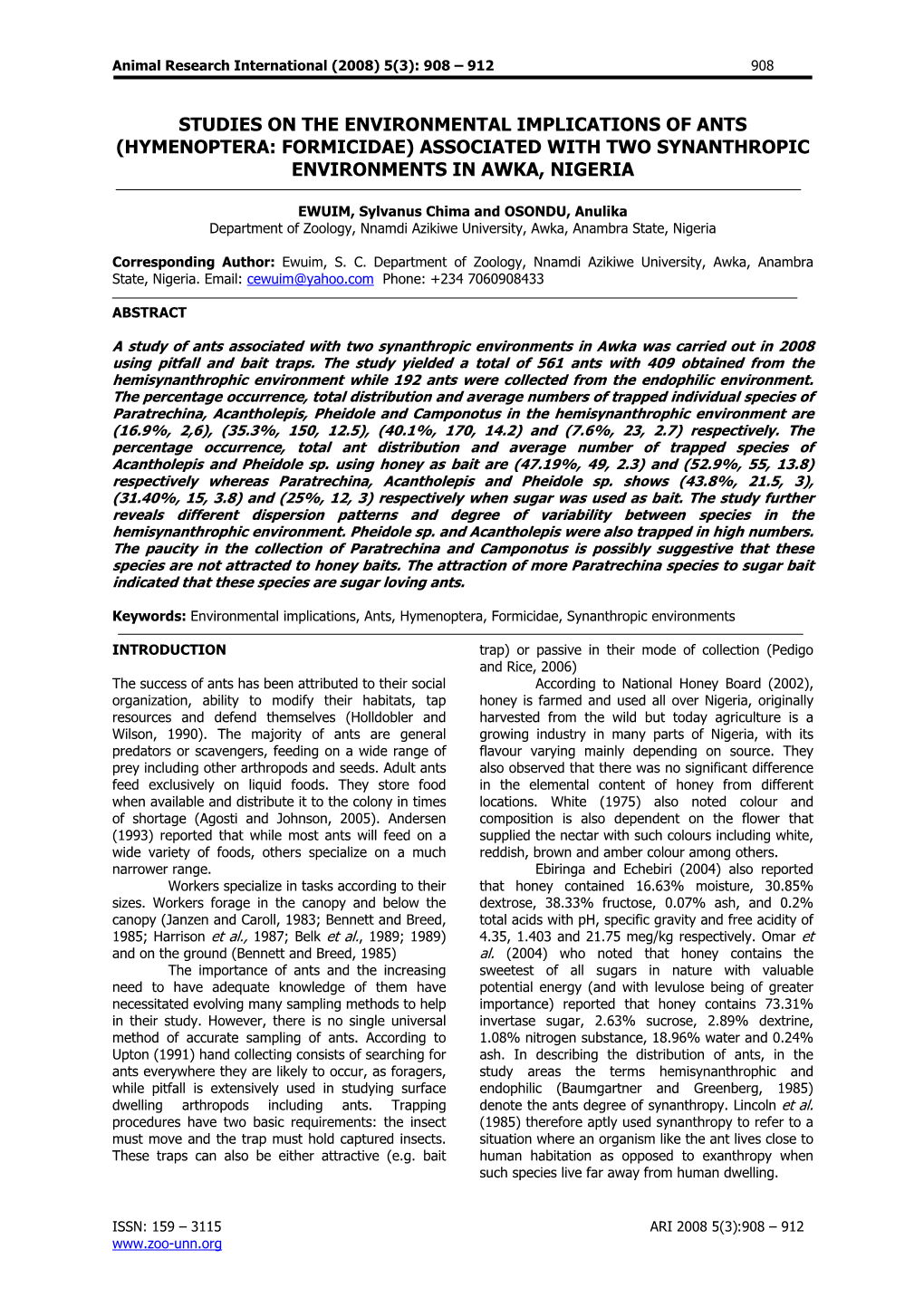 Associated with Two Synanthropic Environments in Awka, Nigeria