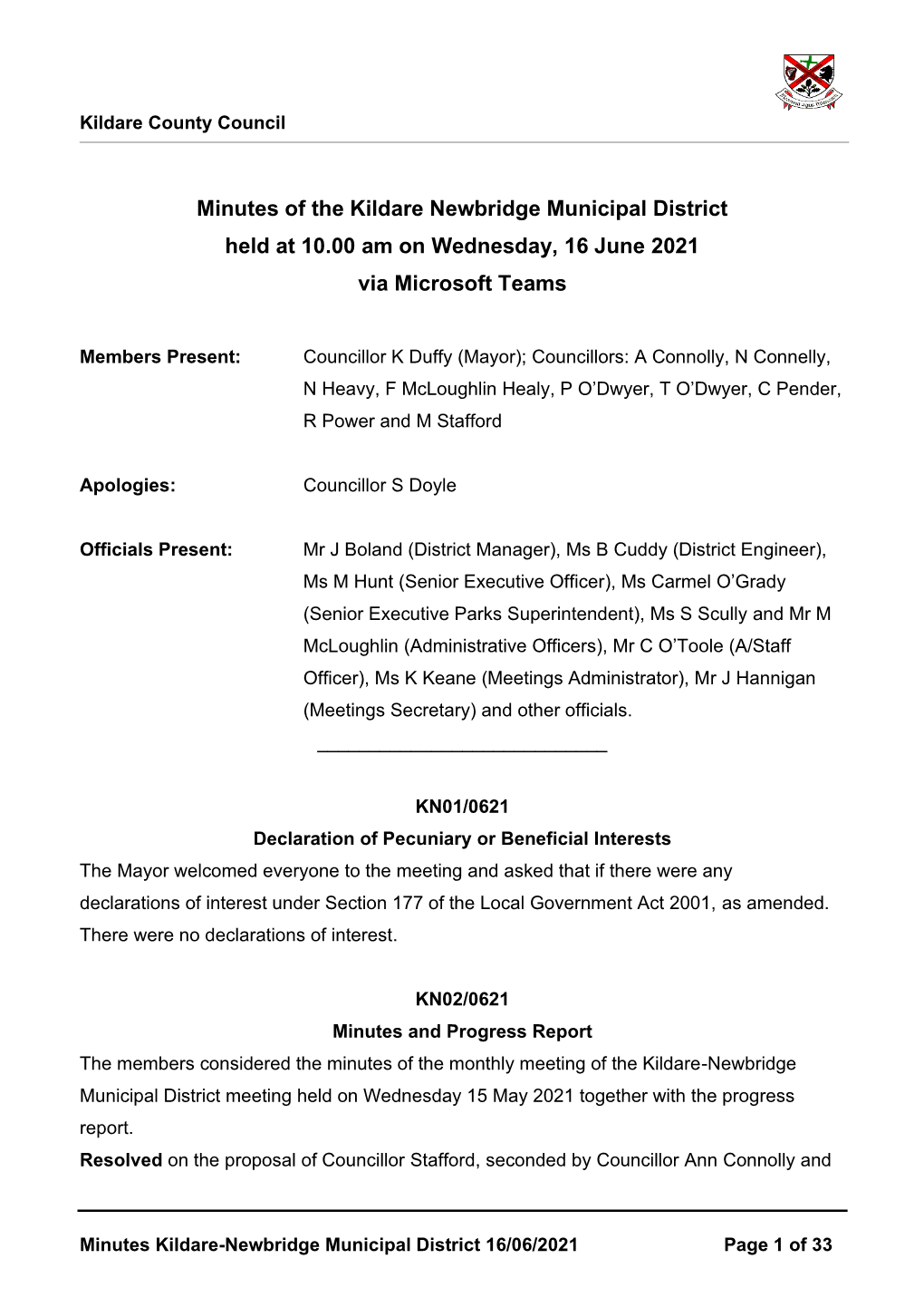 Minutes of the Kildare Newbridge Municipal District Held at 10.00 Am on Wednesday, 16 June 2021 Via Microsoft Teams