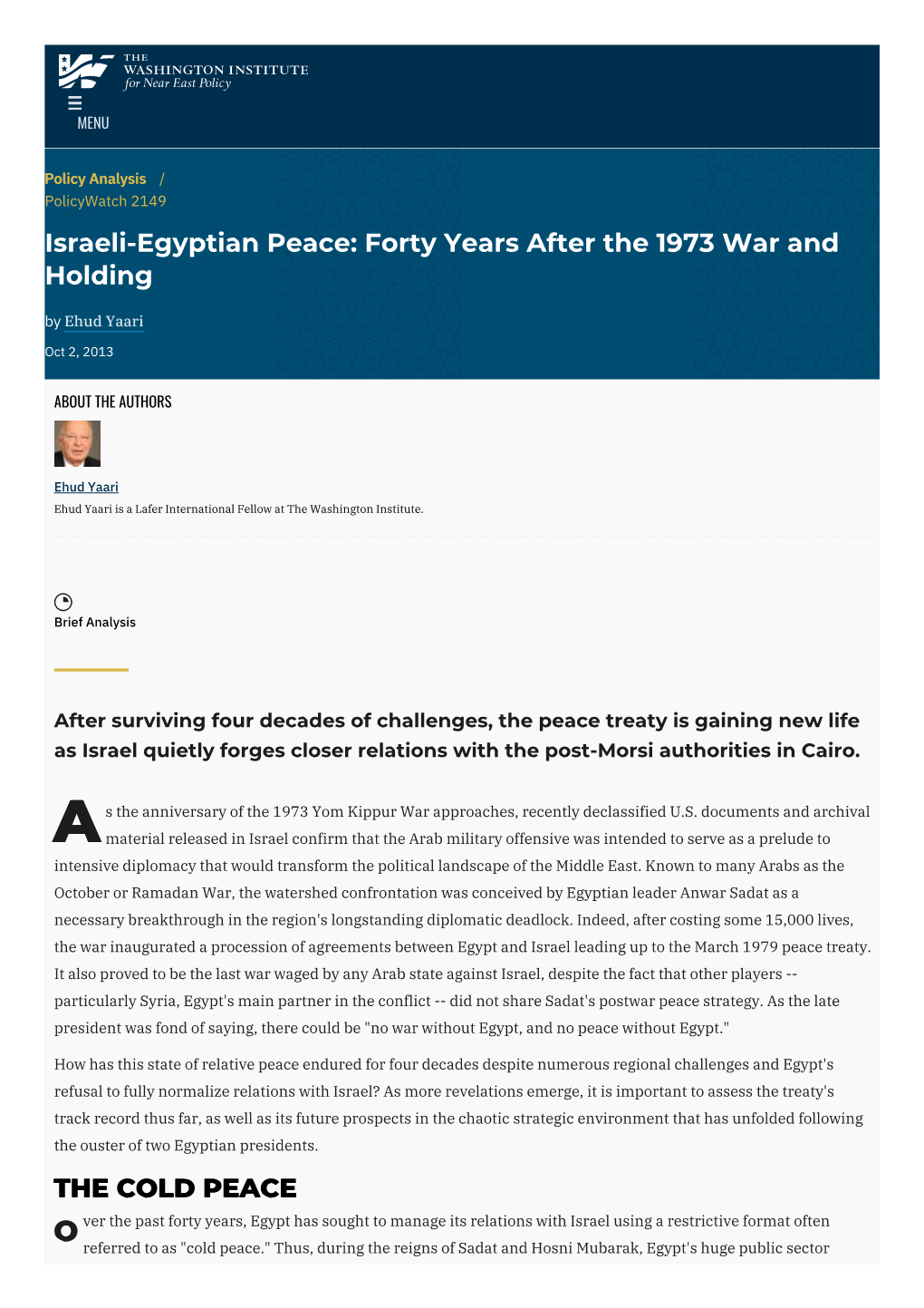 Israeli-Egyptian Peace: Forty Years After the 1973 War and Holding | the Washington Institute