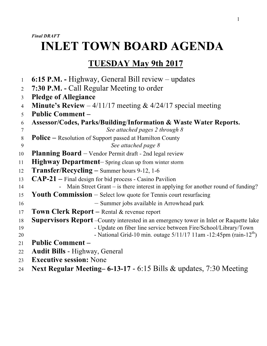 Agenda May 9Th 2017 Meeting