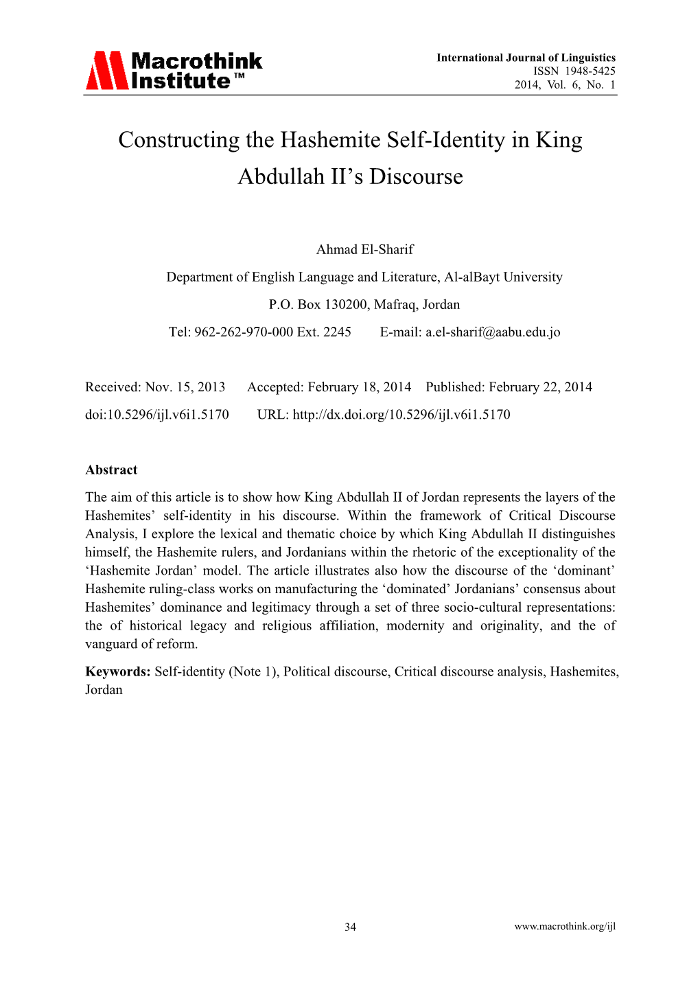 Constructing the Hashemite Self-Identity in King Abdullah II‟S Discourse