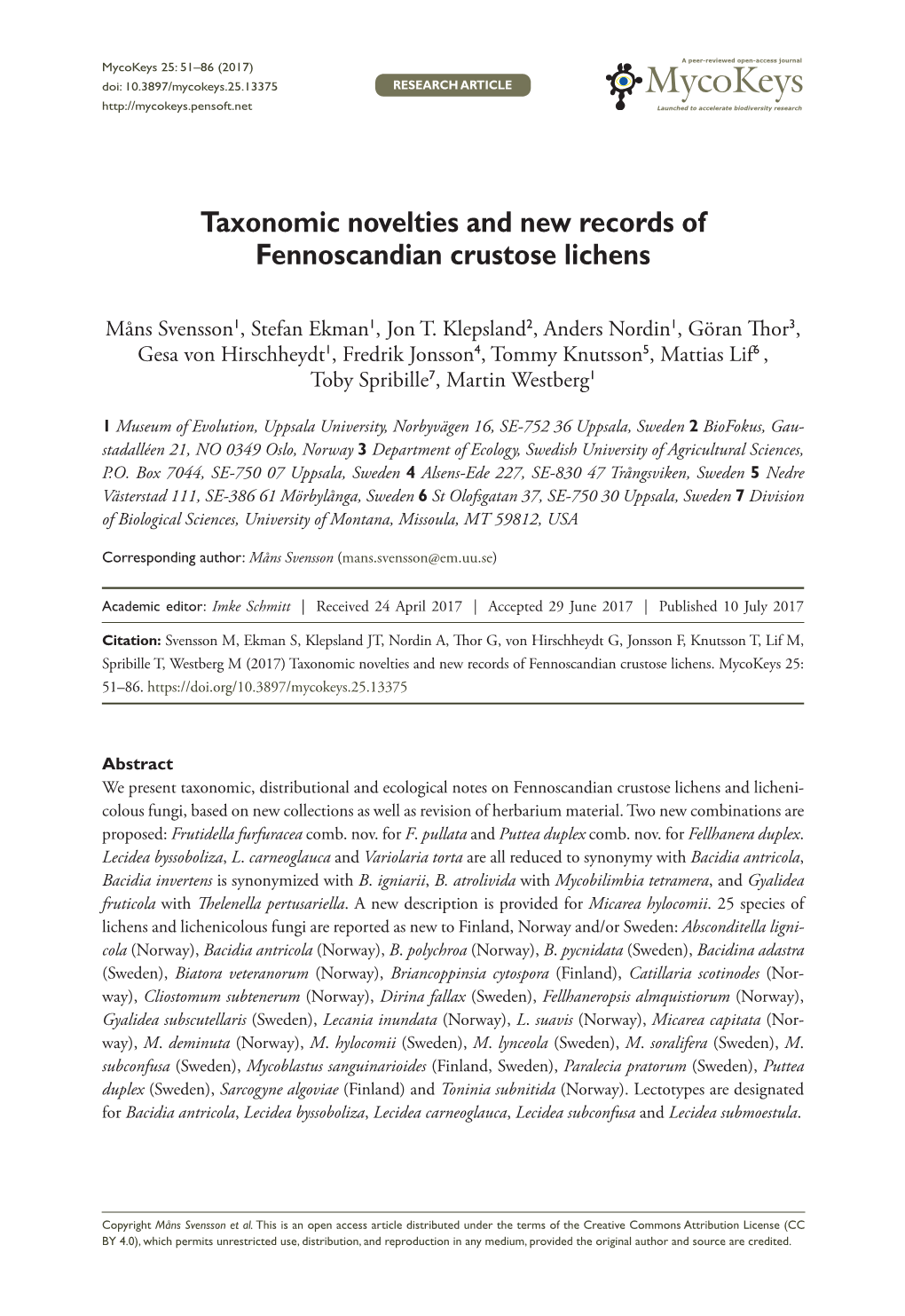 Taxonomic Novelties and New Records of Fennoscandian Crustose Lichens