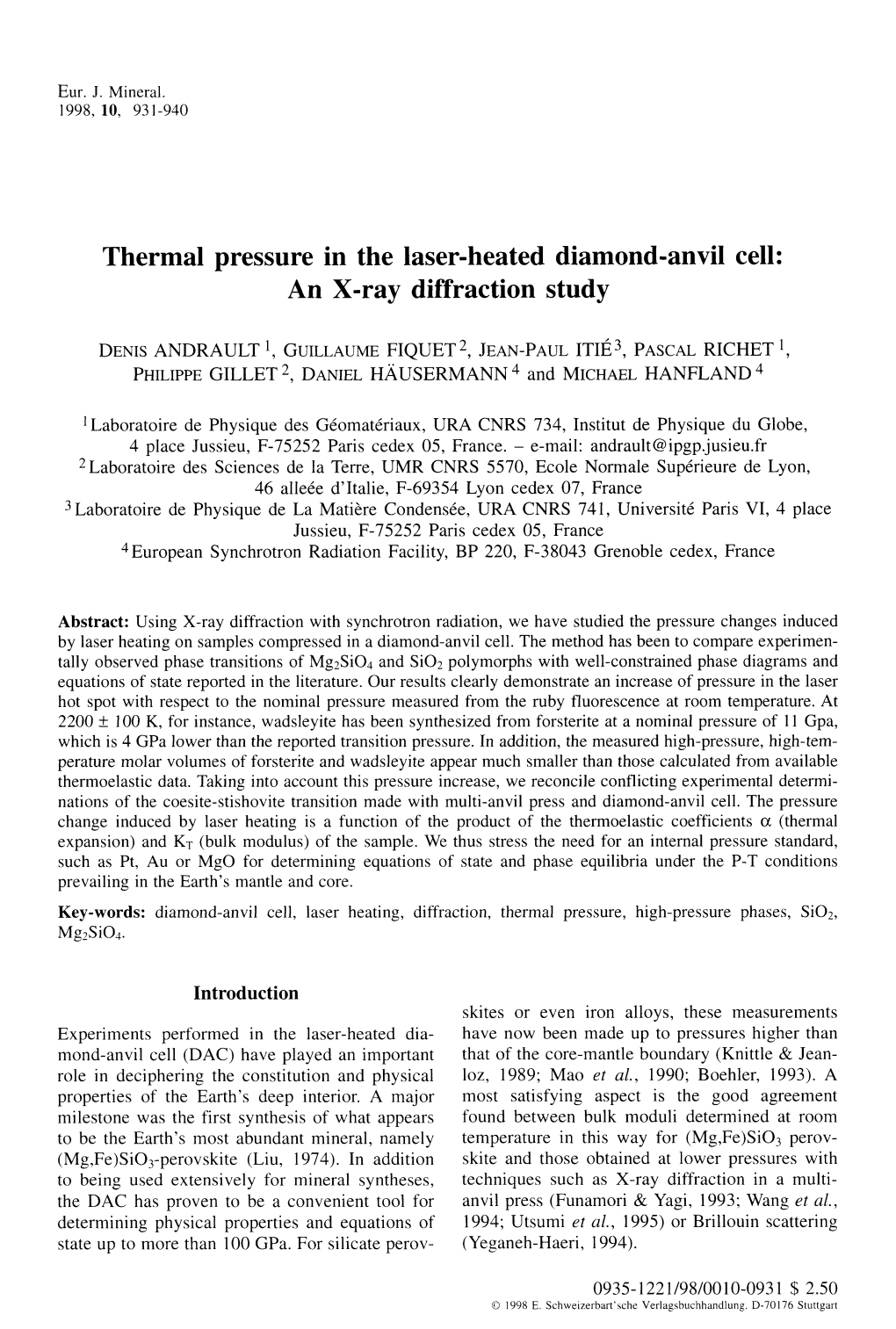 Thermal Pressure in the Laser-Heated Diamond-Anvil Cell: an X-Ray Diffraction Study