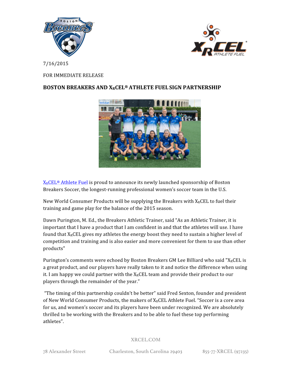 Boston Breakers and Xrcel® Athlete Fuel Sign