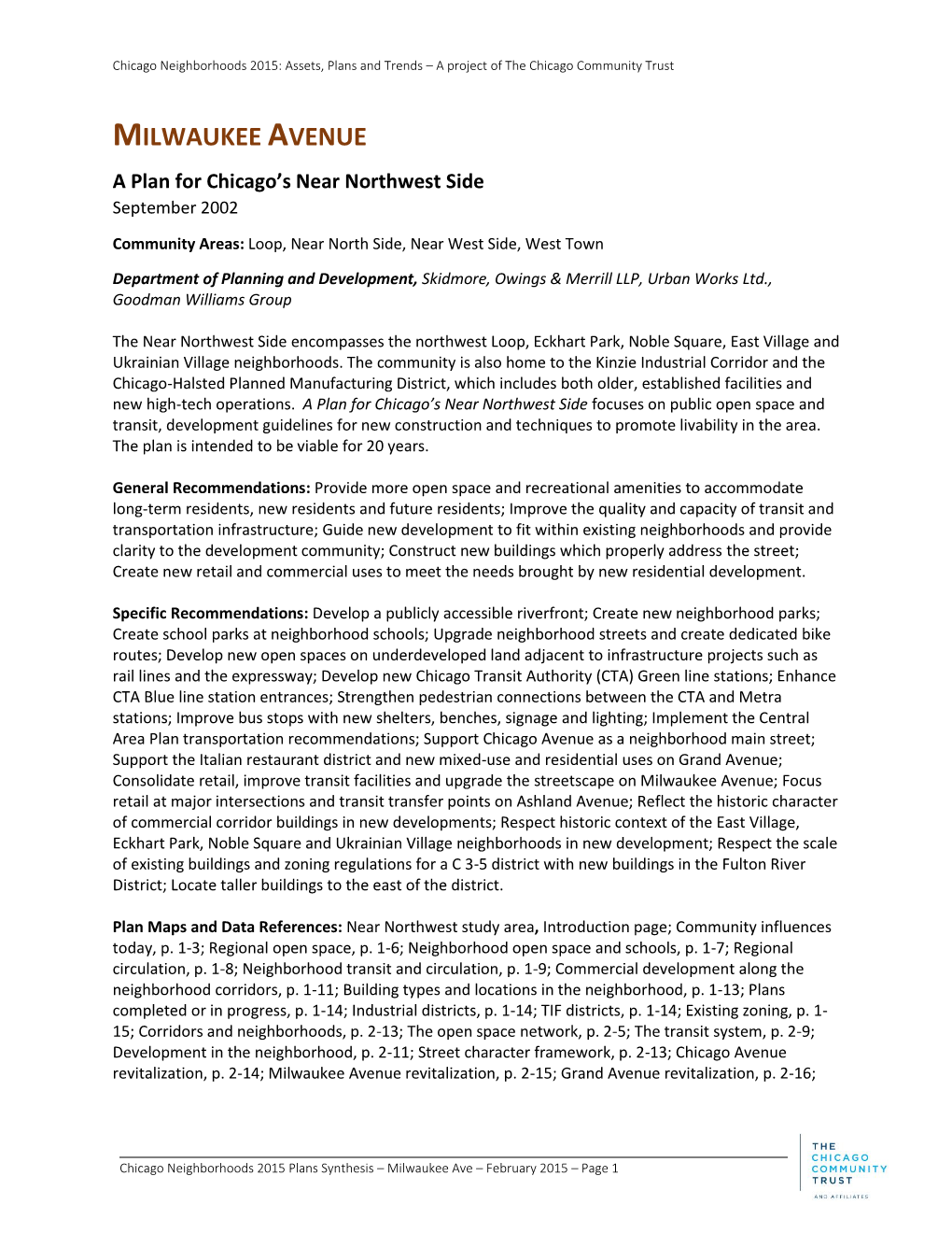 MILWAUKEE AVENUE a Plan for Chicago’S Near Northwest Side September 2002
