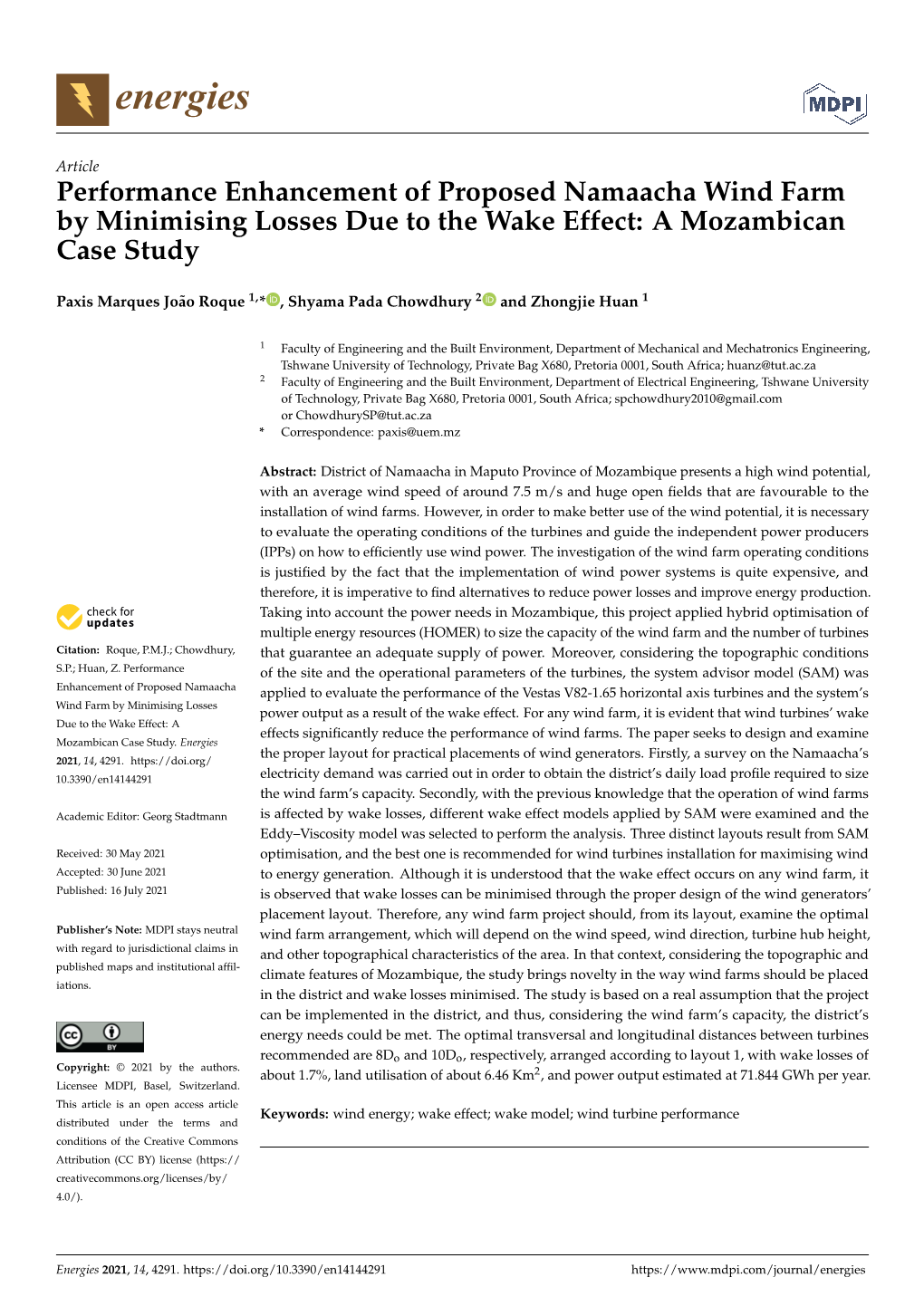 Performance Enhancement of Proposed Namaacha Wind Farm by Minimising Losses Due to the Wake Effect: a Mozambican Case Study