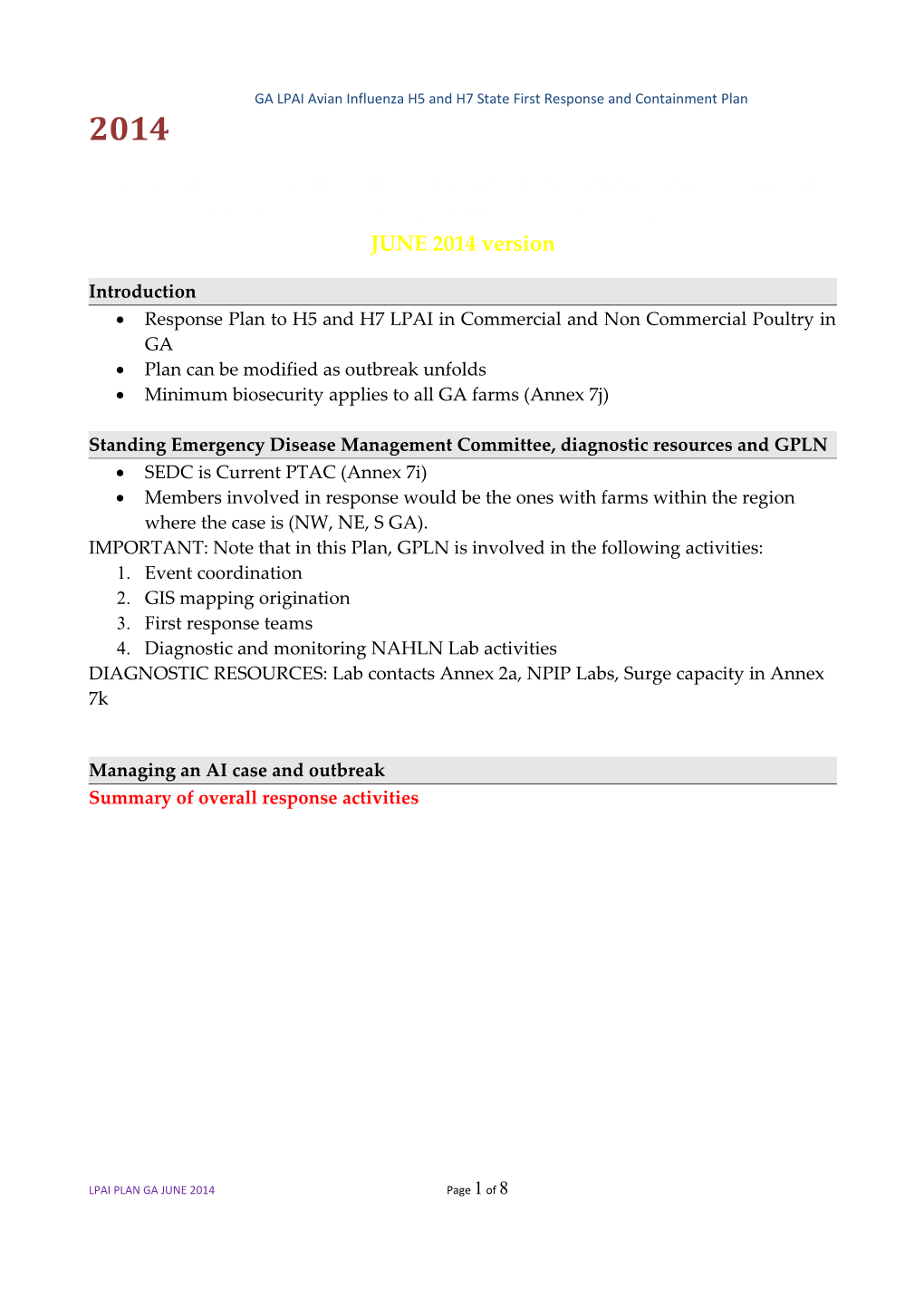 GA LPAI Avian Influenza H5 and H7 State First Reponse and Containment Plan