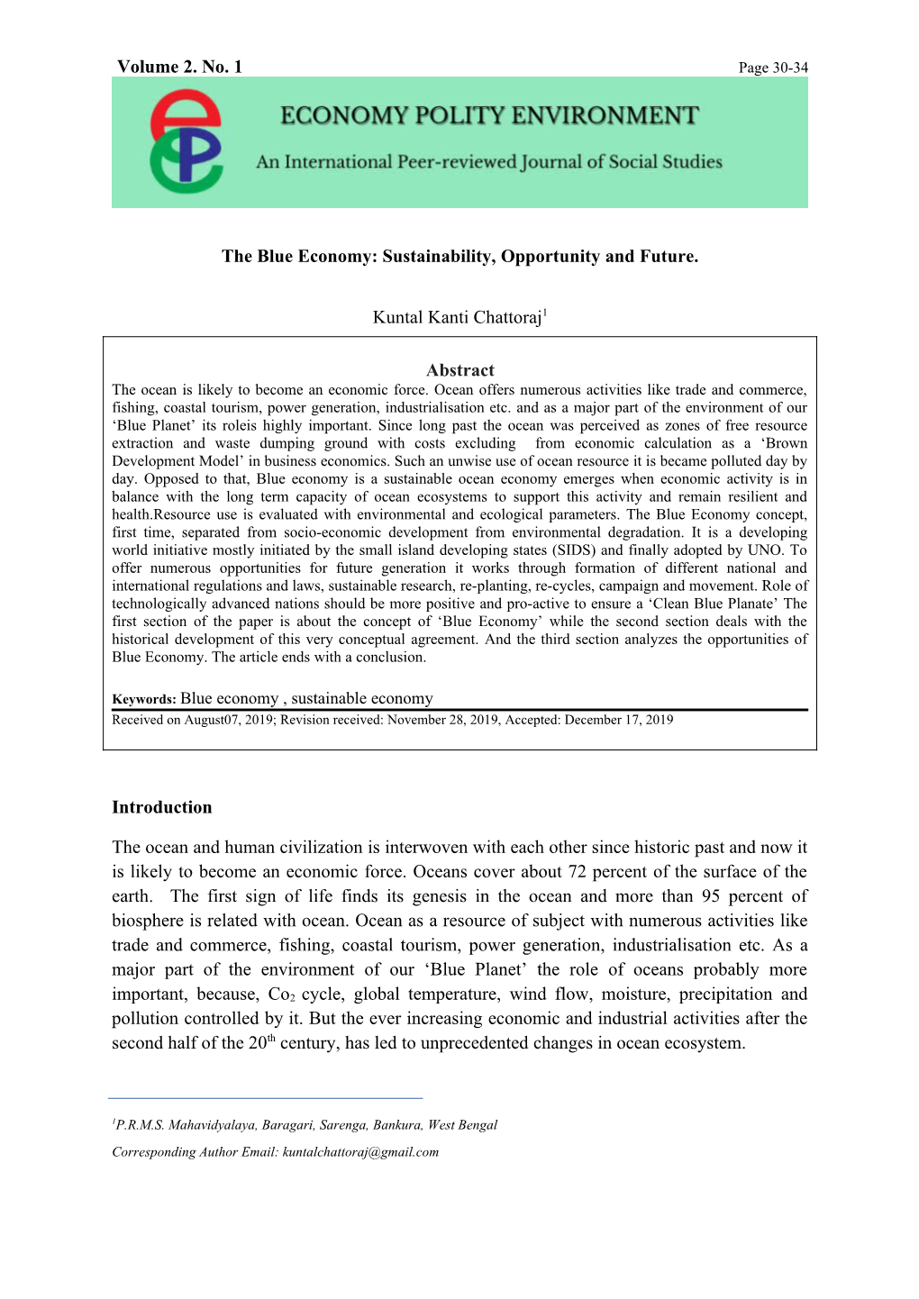 Volume 2. No. 1 the Blue Economy: Sustainability, Opportunity And