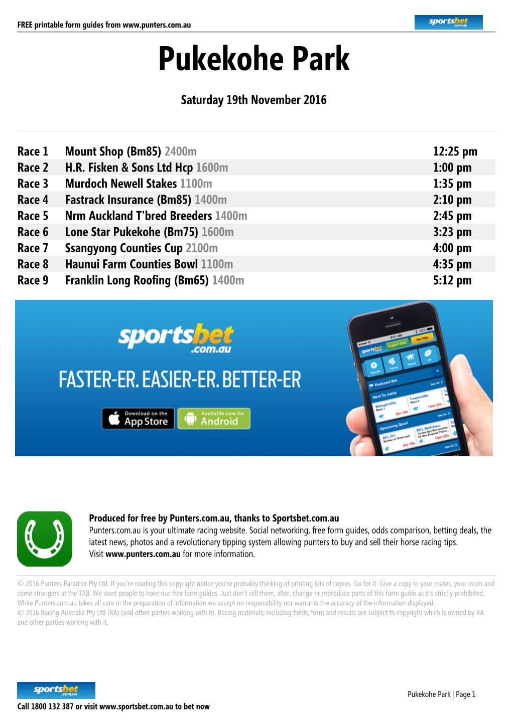 Pukekohe Park Printable Form Guide