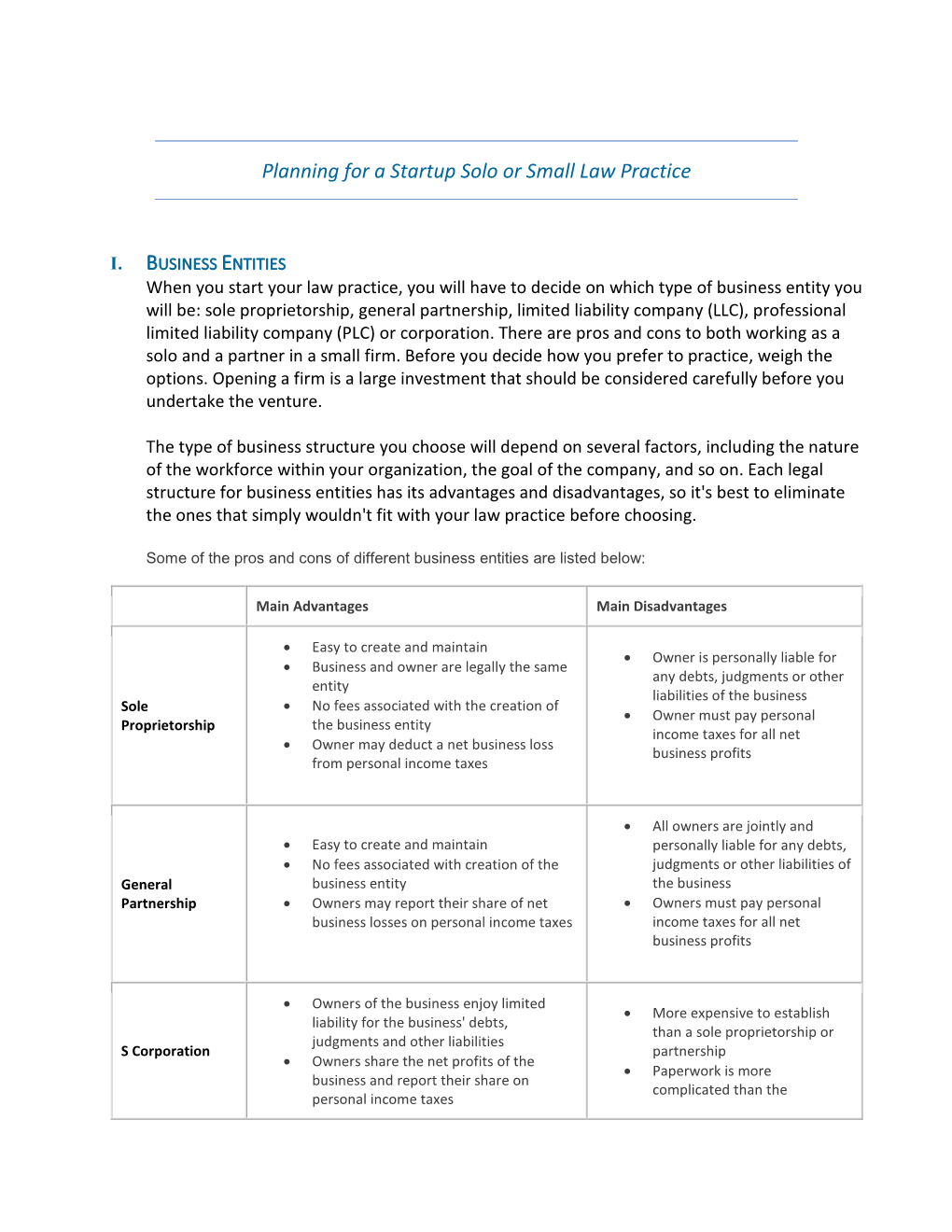 Planning for a Startup Solo Or Small Law Practice