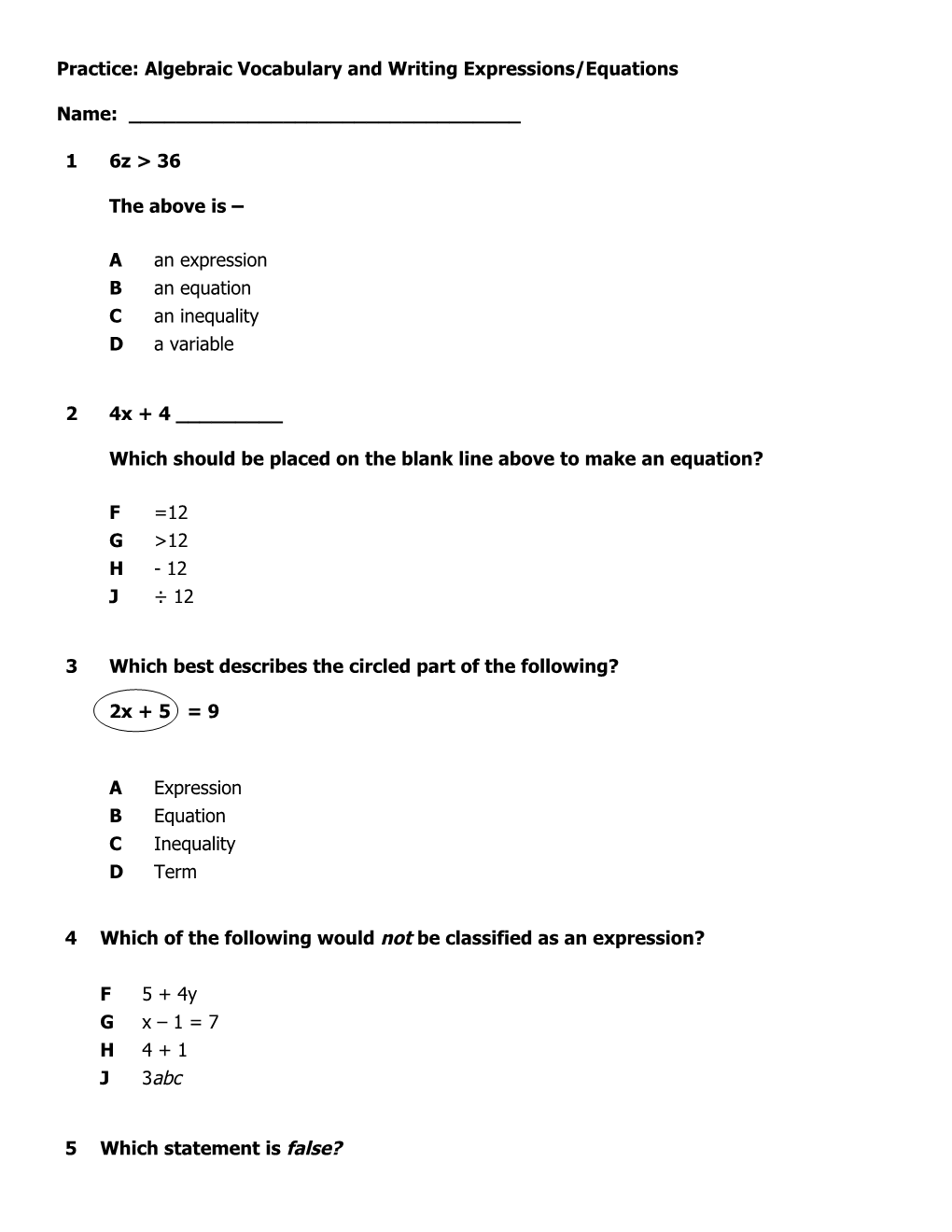 Unit Test: Algebraic Vocabulary and Writing Expressions/Equations