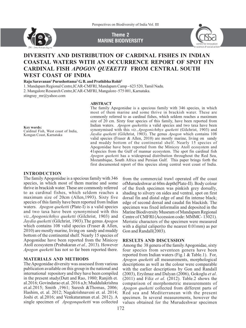 Diversity and Distribution of Cardinal Fishes in Indian