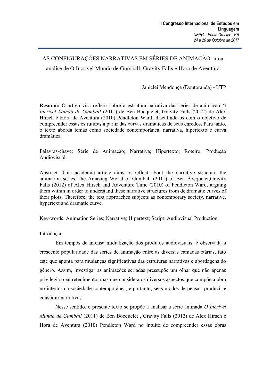 II Congresso Internacional De Estudos Em Linguagem UEPG – Ponta Grossa – PR 24 a 26 De Outubro De 2017