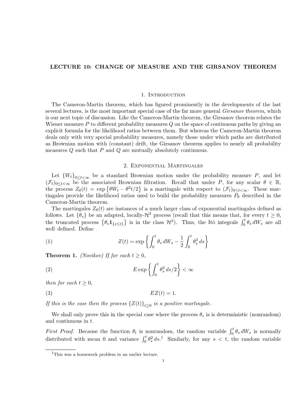 Lecture 10: Change of Measure and the Girsanov Theorem