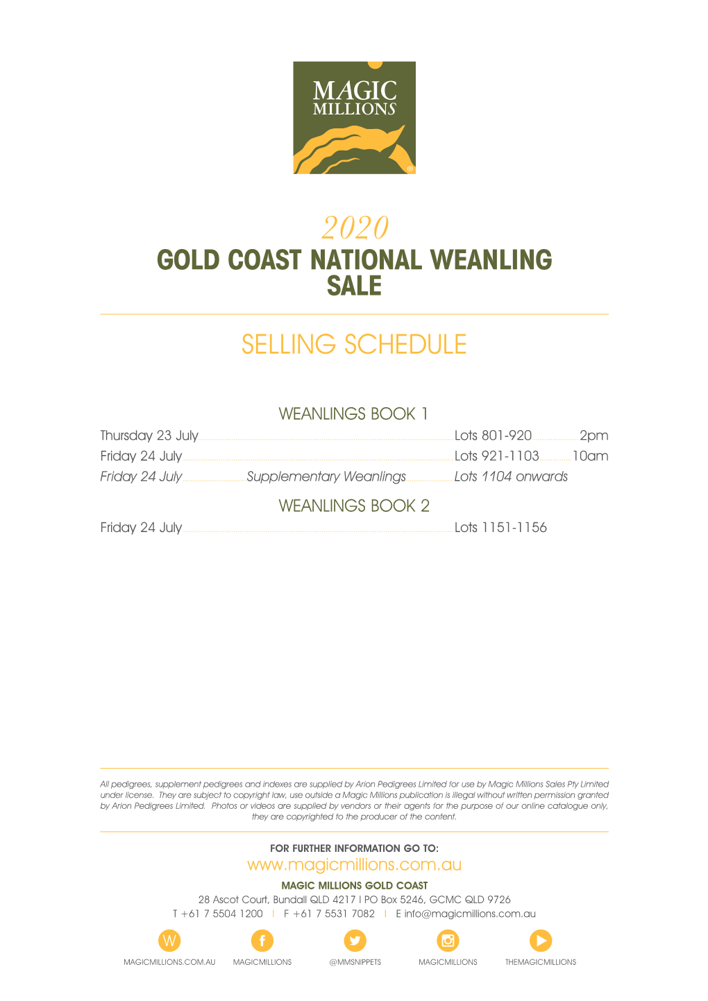 Gold Coast National Weanling Sale Selling Schedule