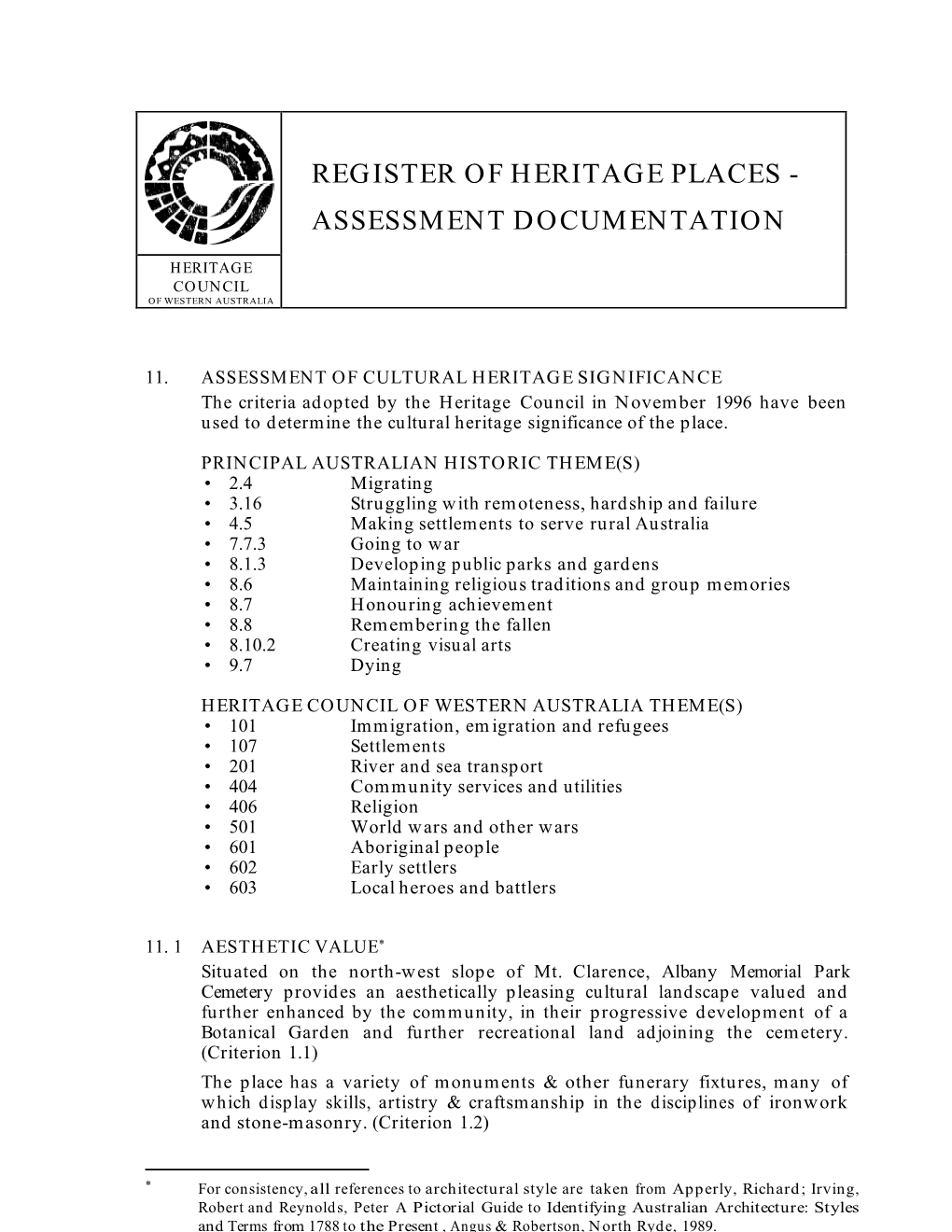 Register of Heritage Places - Assessment Documentation