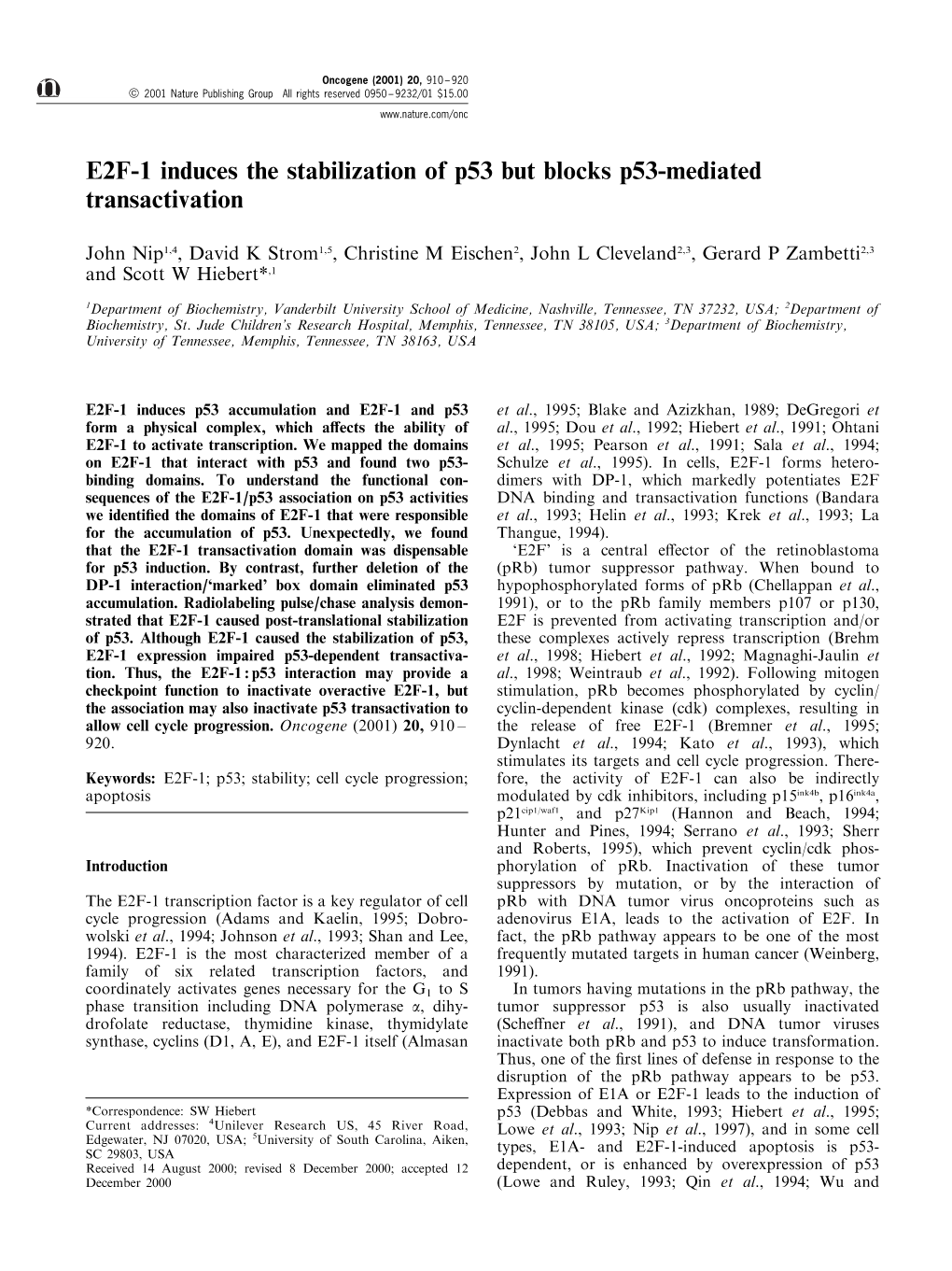 E2F-1 Induces the Stabilization of P53 but Blocks P53-Mediated Transactivation