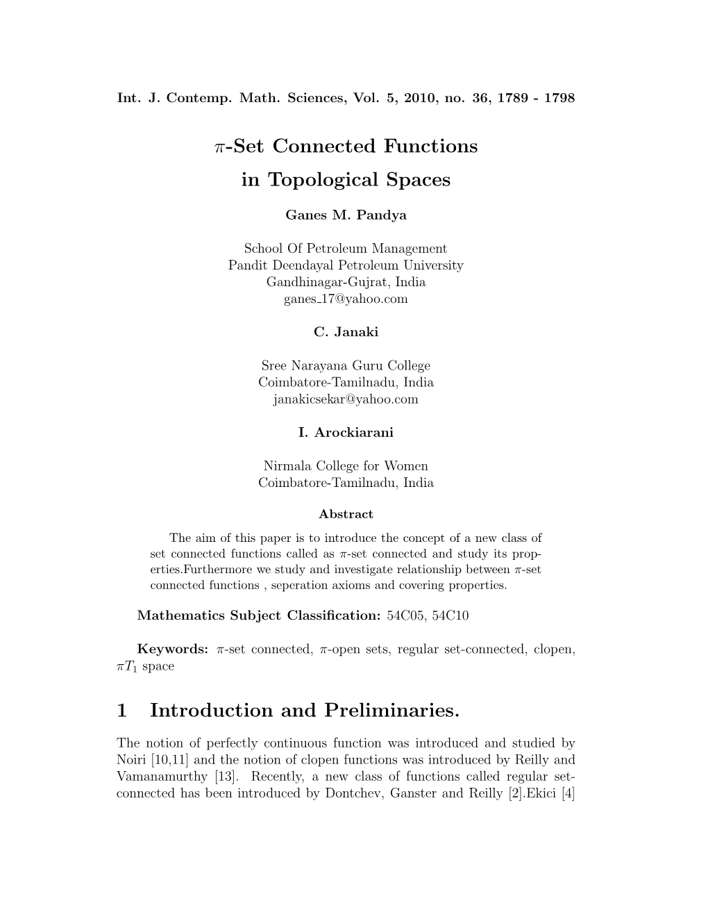 Pi-Set Connected Functions in Topological Spaces