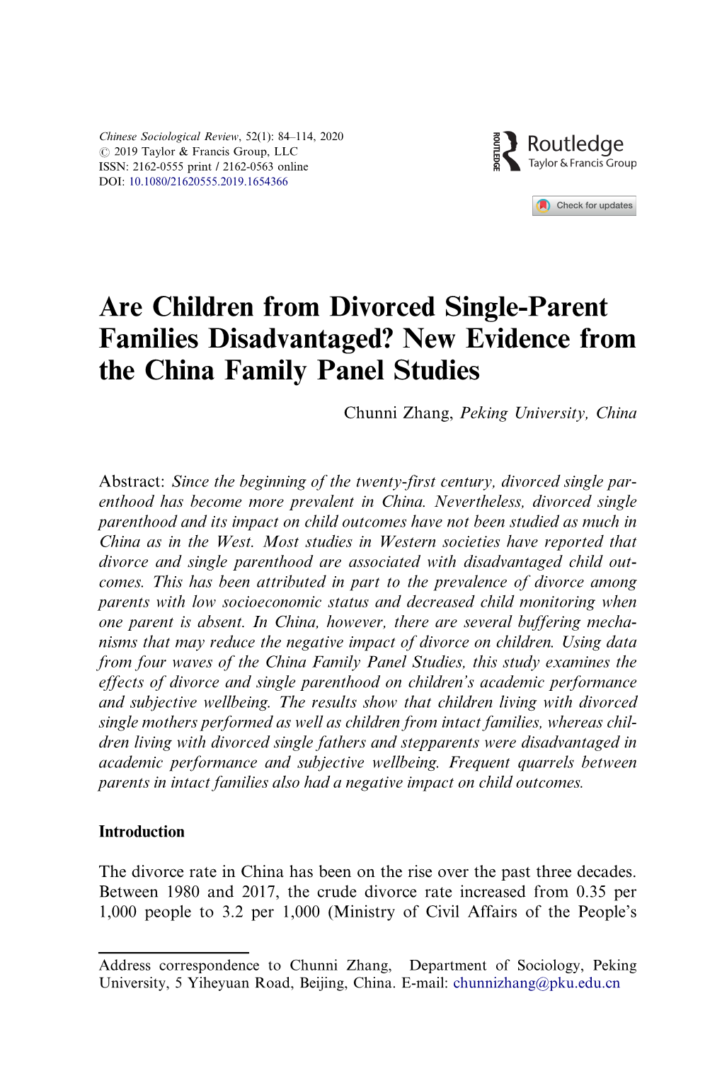 Are Children from Divorced Single-Parent Families Disadvantaged? New Evidence from the China Family Panel Studies