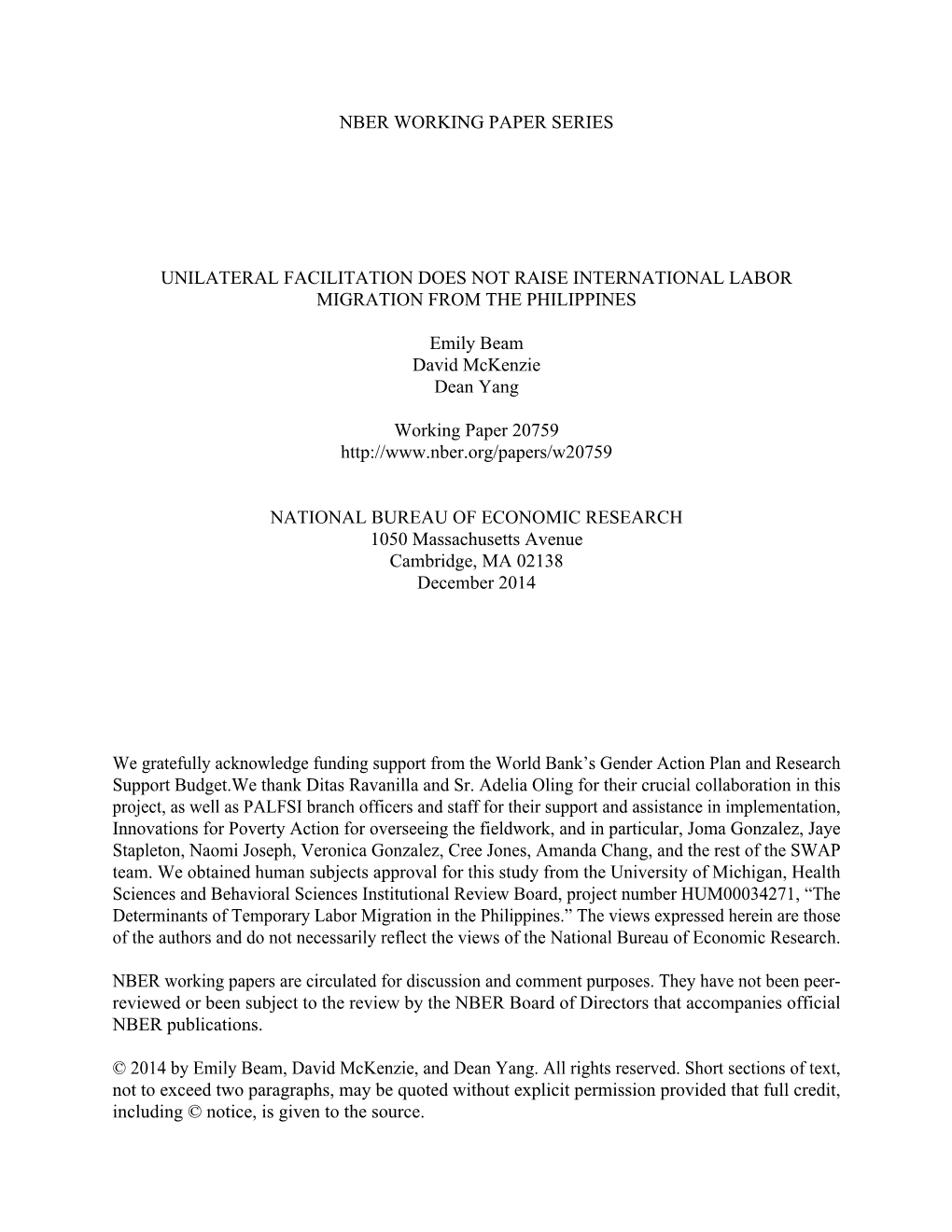 Unilateral Facilitation Does Not Raise International Labor Migration from the Philippines