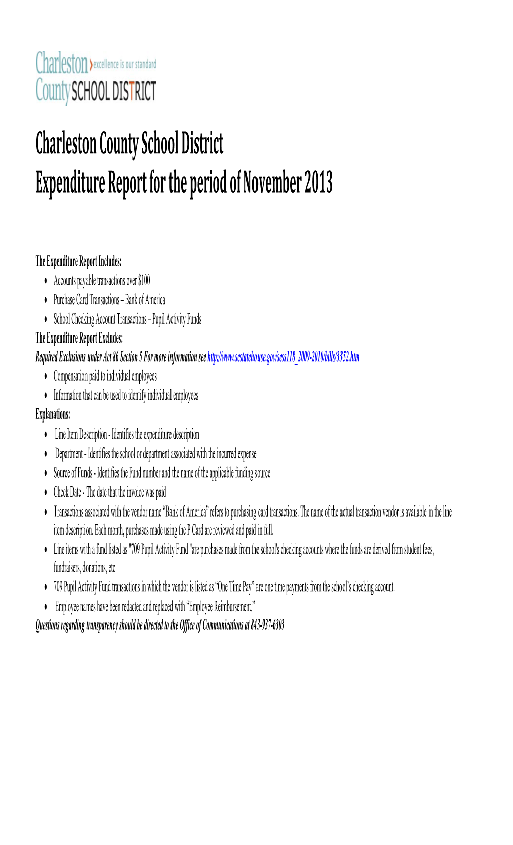 Charleston County School District Expenditure Report for the Period of November 2013