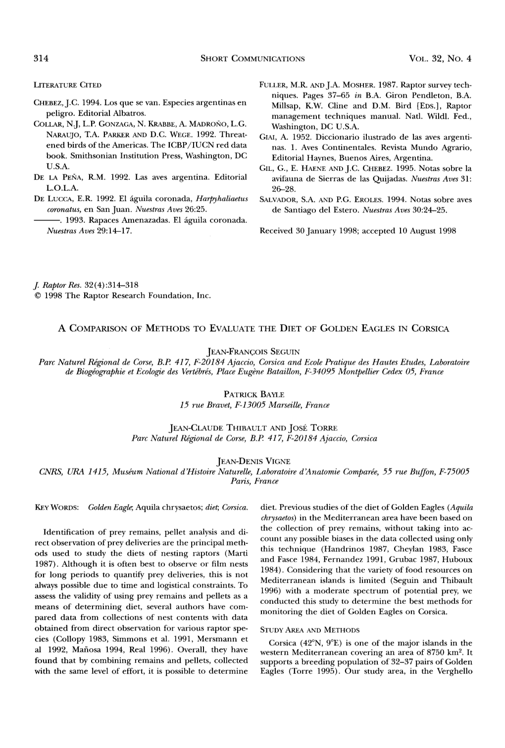 A Comparison of Methods to Evaluate the Diet of Golden Eagles in Corsica