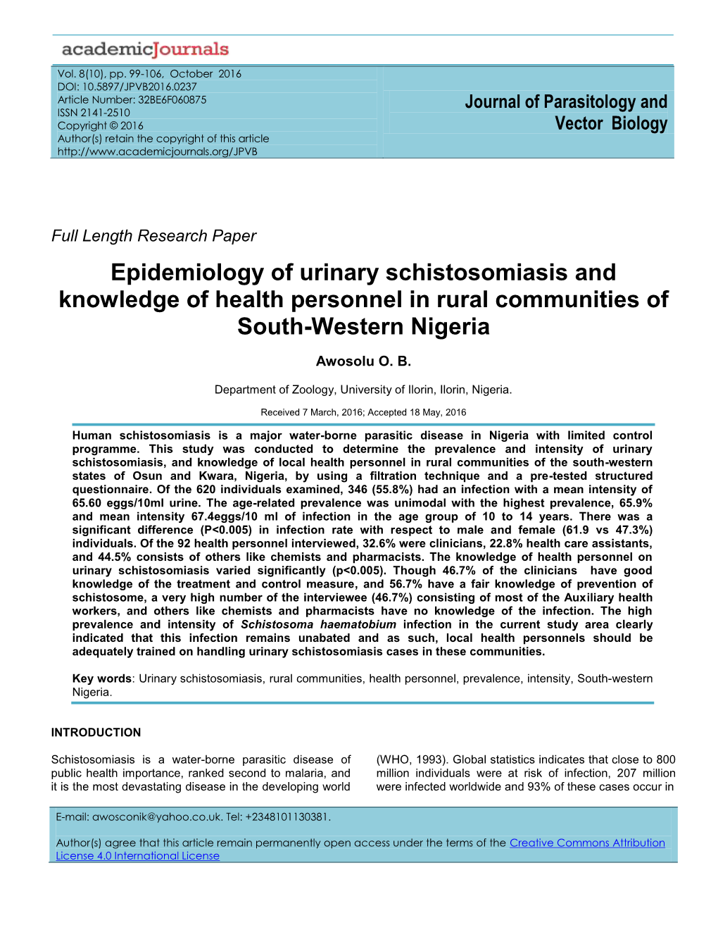 Epidemiology of Urinary Schistosomiasis and Knowledge of Health Personnel in Rural Communities of South-Western Nigeria